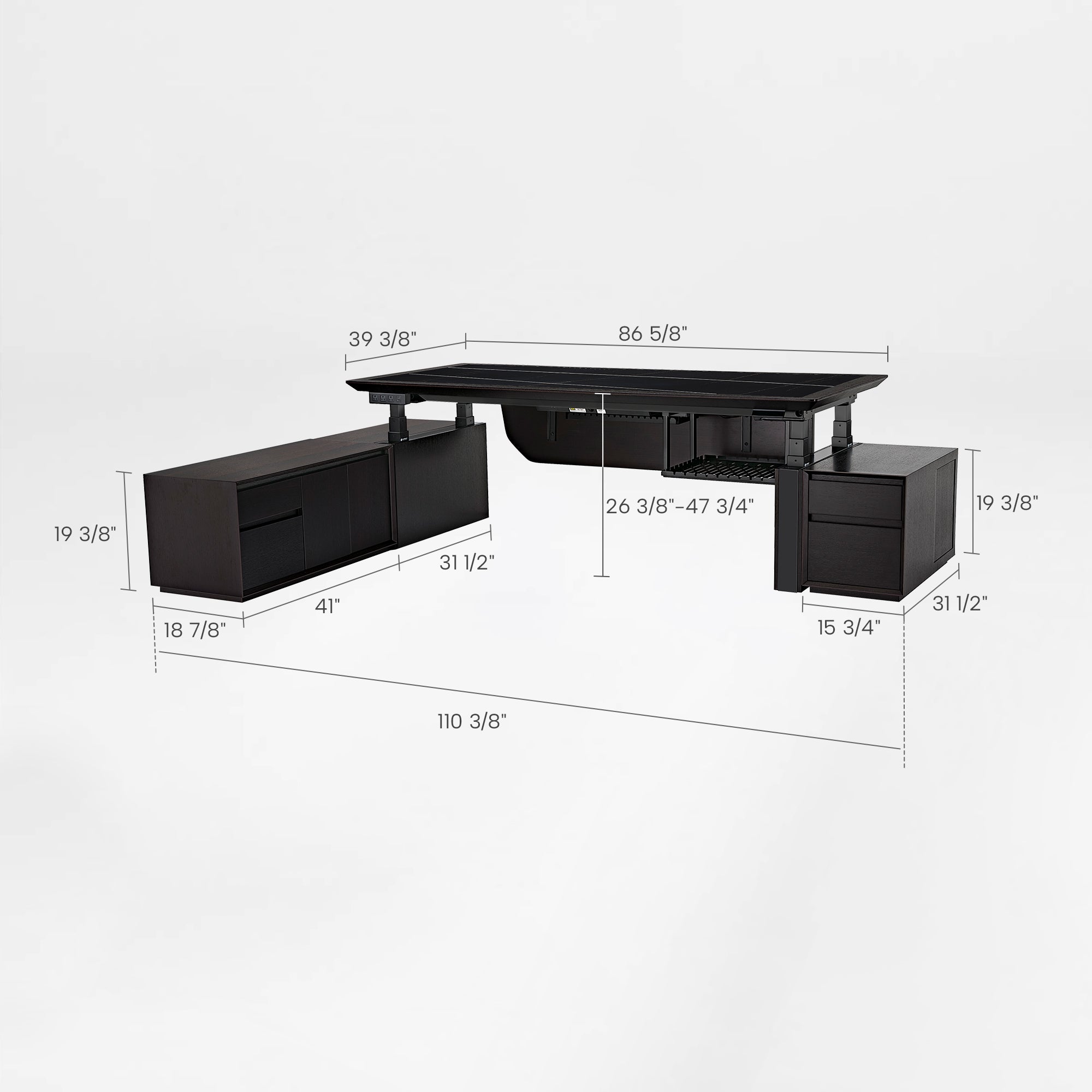 Zen Classic Executive Standing Desk With Measurements, Dark Wood Finish, and Integrated Storage By Eureka Ergonomic.