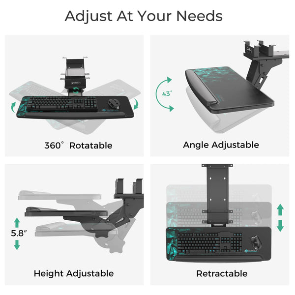 Adjustable Eureka Ergonomic Keyboard Tray, Enhancing Office Ergonomics With Rotation, Height, and Angle Adjustments.