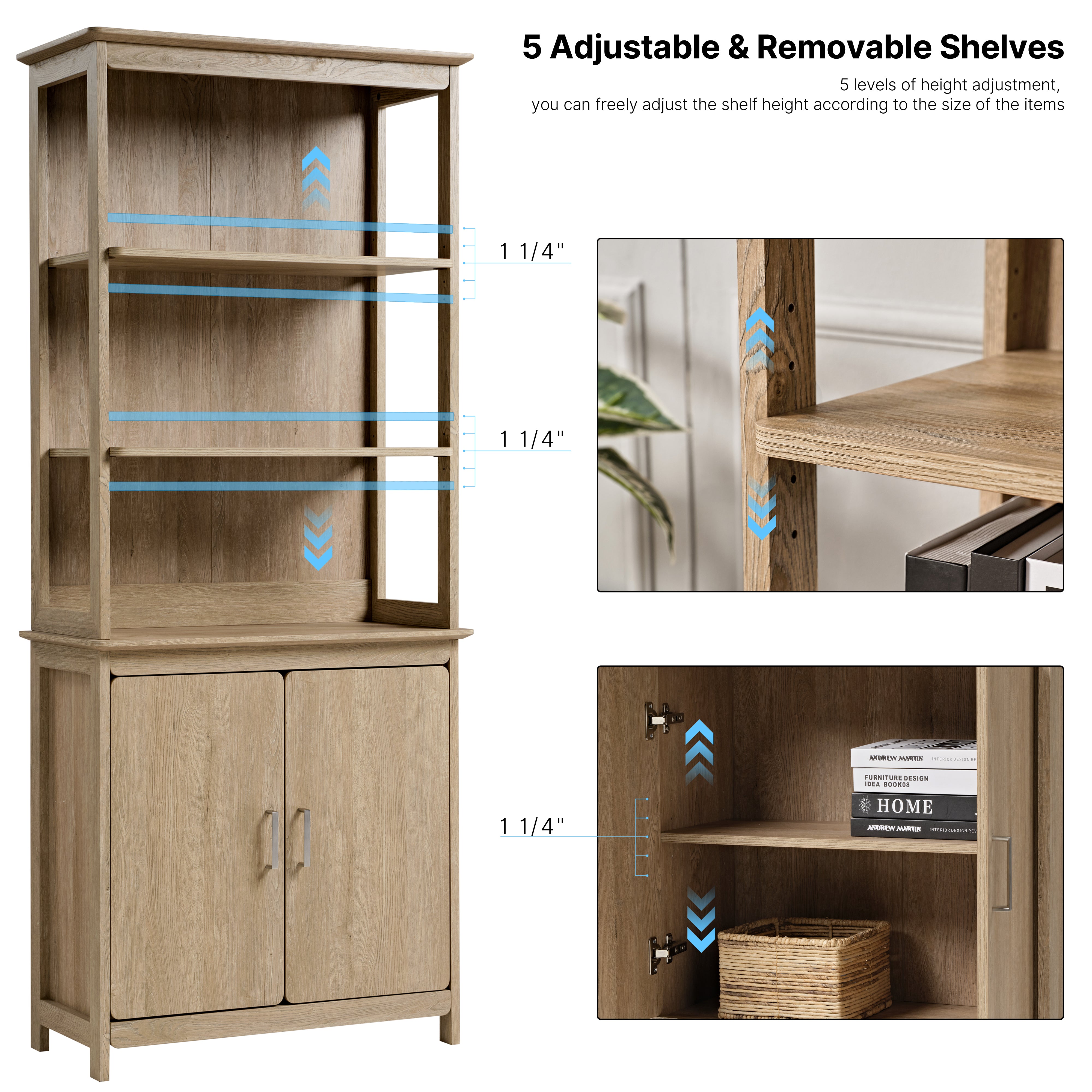 Ark El 71 Oak Bookshelf With Storage Cabinet, Adjustable Shelves and Cabinet Door.