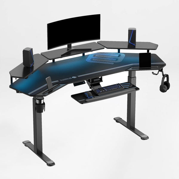 Eureka Ergonomic Aero Pro Wing-Shaped Standing Desk Setup, Showing Monitor, Speakers, Keyboard, and Accessories.