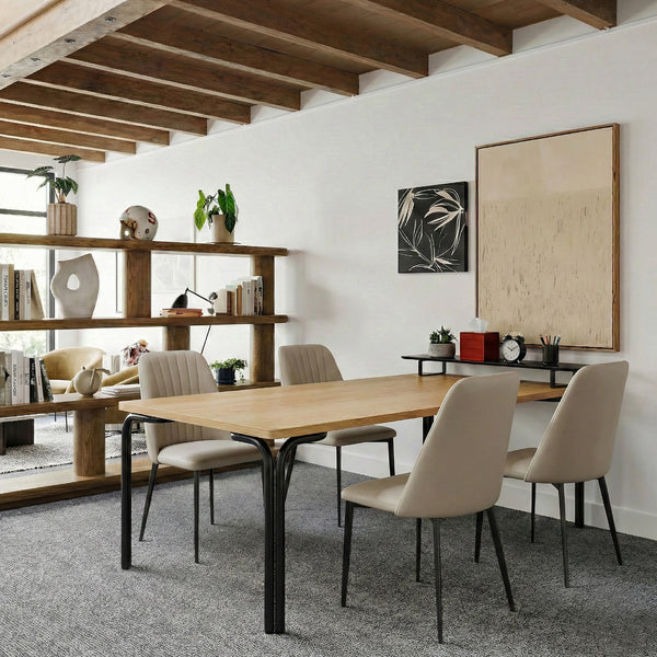 Eureka Ergonomic Chester off-white dining chairs around a wood table