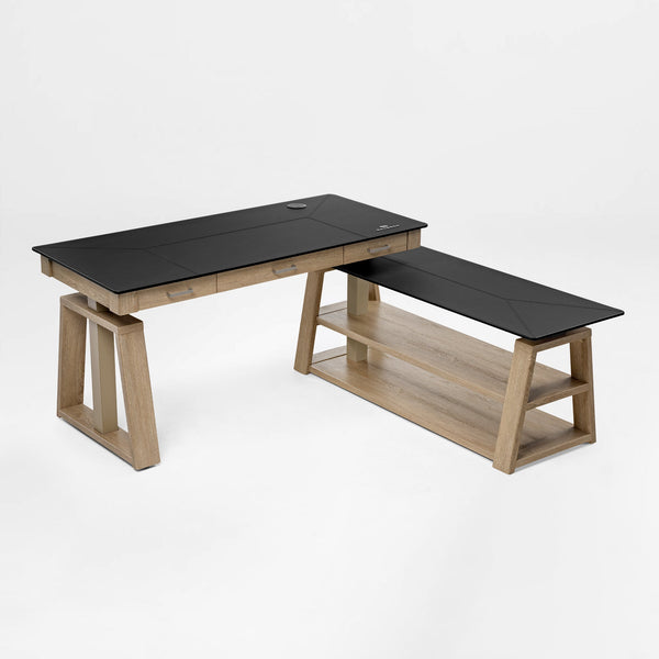 Ark Ex Executive Standing Desk in Black Faux Leather and Oak Veneer, Featuring Integrated Storage.
