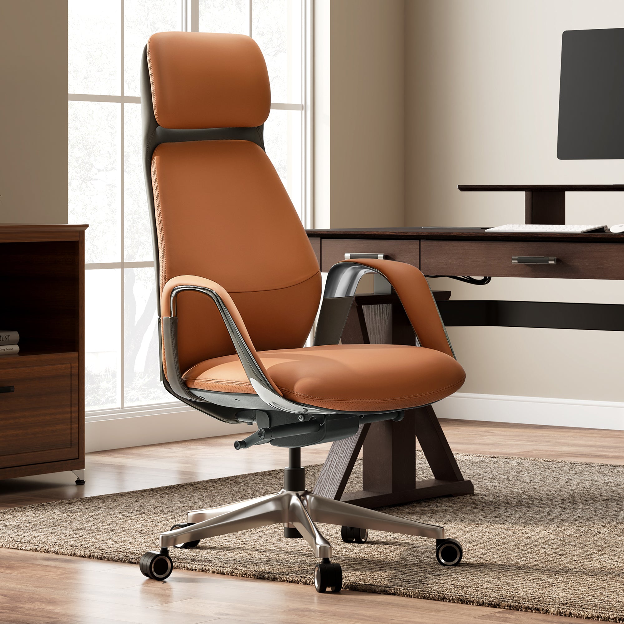Serene Napa Leather Executive Office Chair - Cream Napa Leather With Brown. 