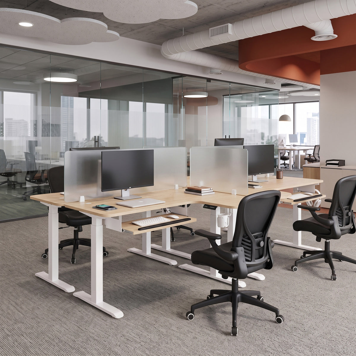 Eureka Ergonomic light wood standing desks in open office
