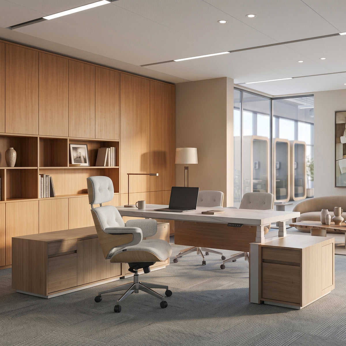 Eureka Ergonomic Zen Pro executive desk against a built-in wood wall