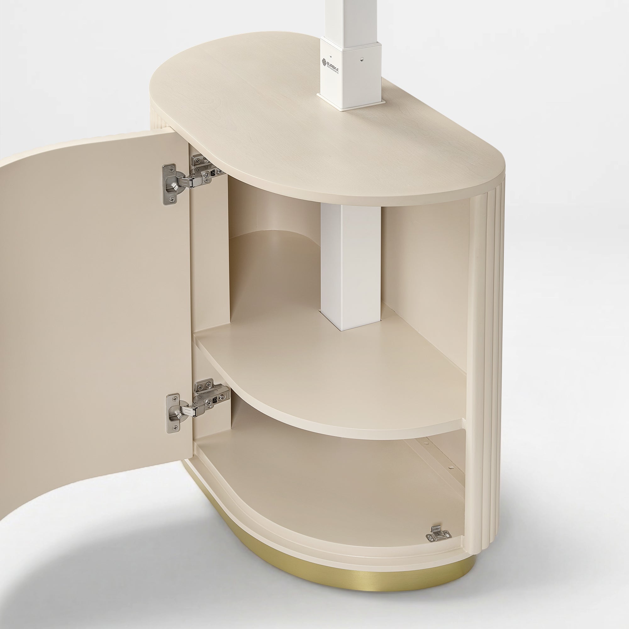 Eureka Ergonomic Opal Oval Executive Standing Desk Cabinet Detail in Light Beige With Brass Base.