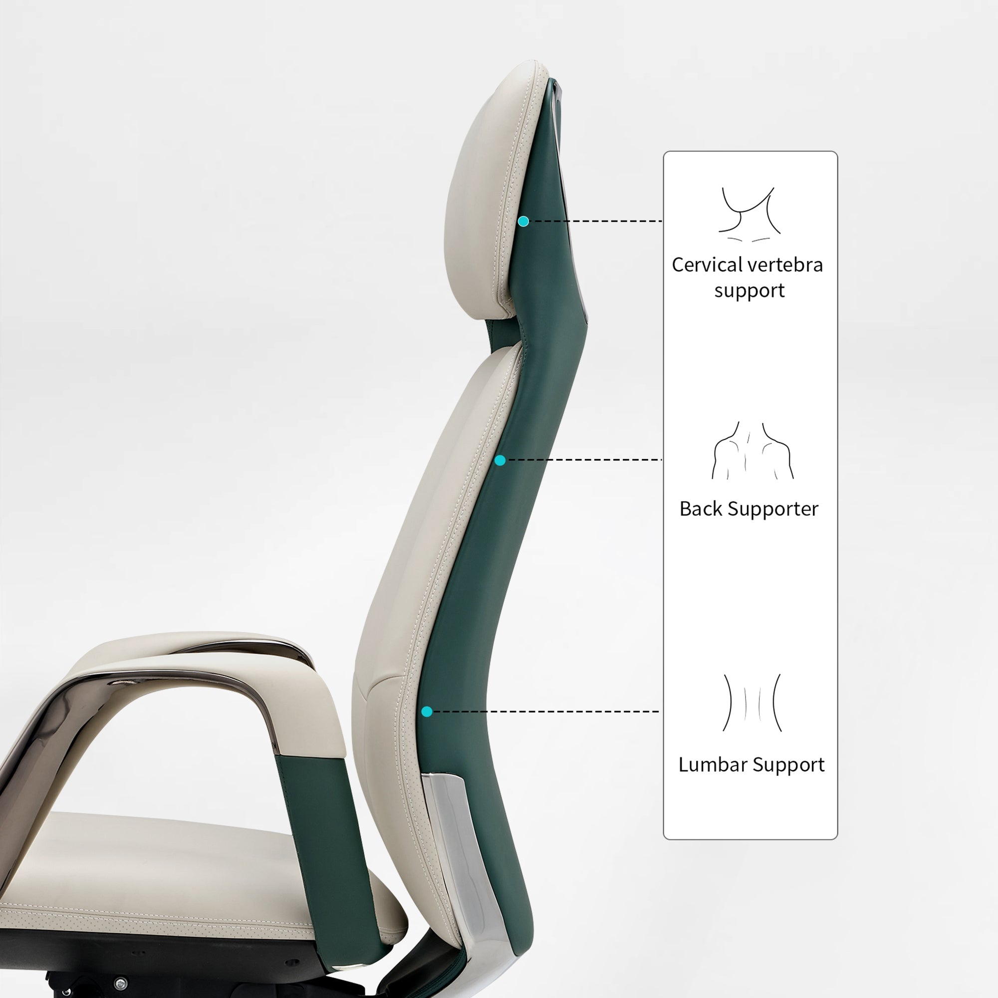 Eureka Ergonomic Serene executive chair side view: cream/green Napa leather, contrast stitching. Shows cervical, back, lumbar support.