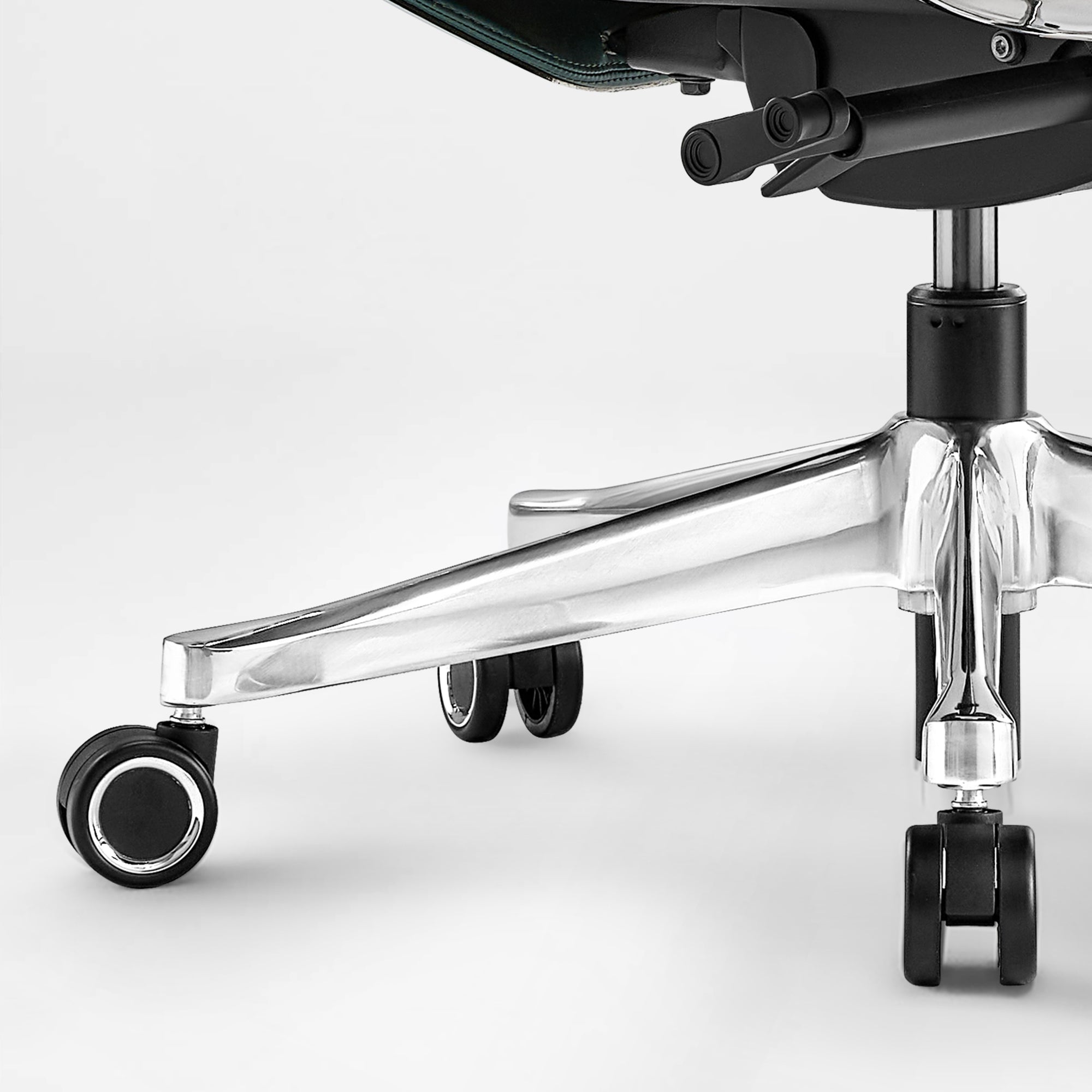 Eureka Ergonomic Serene executive chair chrome base with black casters and adjustment levers.