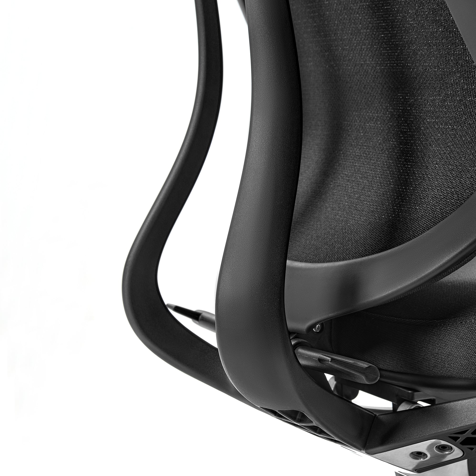 Eureka Ergonomic Lira black ergonomic office chair detail: textured mesh back, curved frame, and adjustment levers. Modern design.
