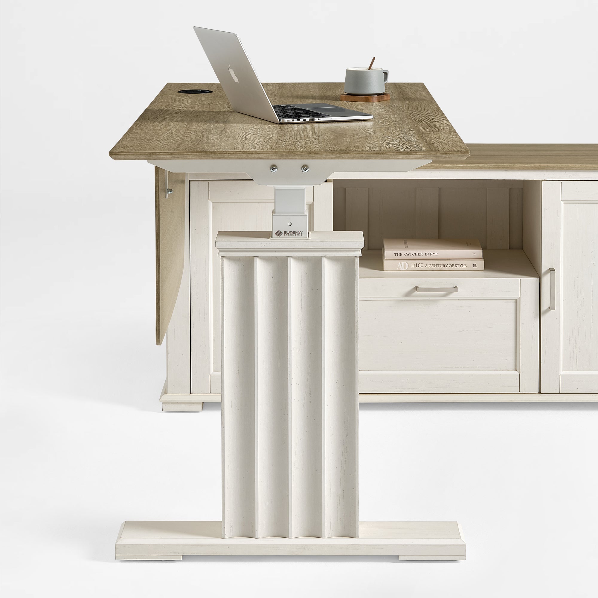 Eureka Ergonomic Ark ES Executive Standing Desk Sonoma Oak Side View With Adjustable Height Leg.