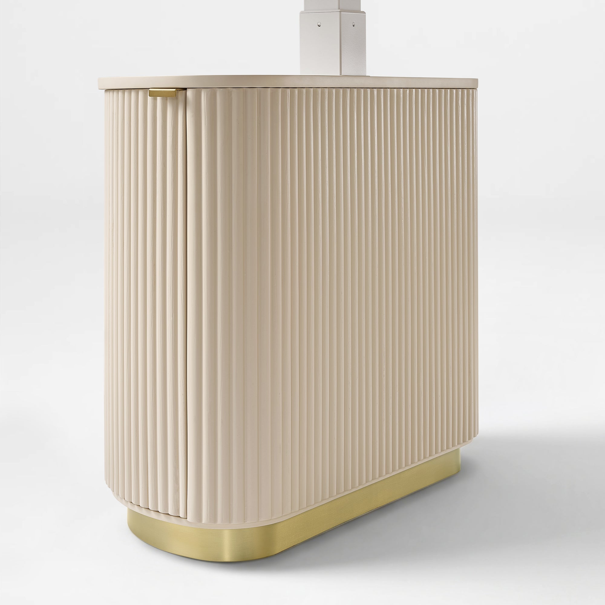Eureka Ergonomic Opal Oval Executive Standing Desk Cabinet Detail, Light Beige With Brass Base. Executive Office Furniture.