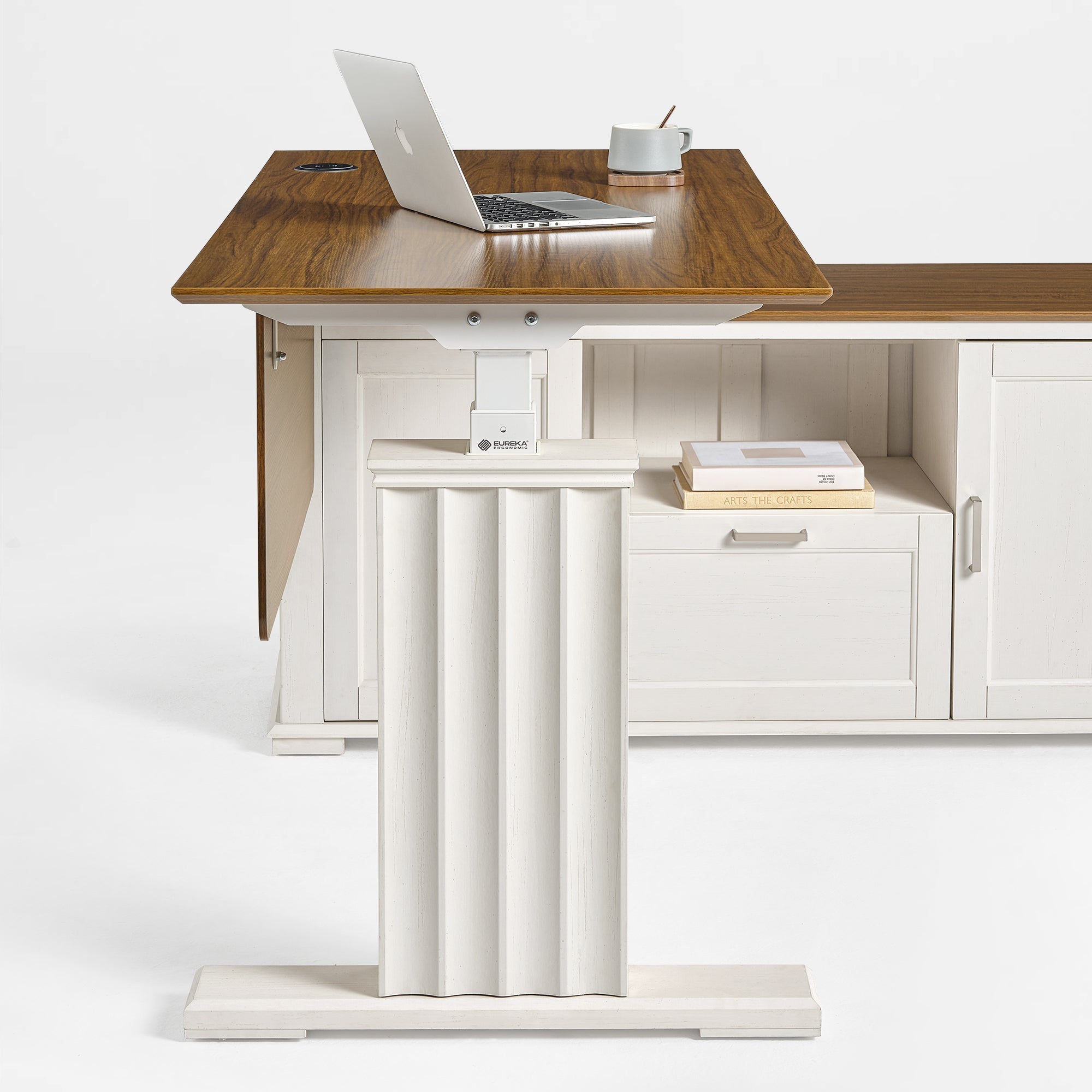 Eureka Ergonomic Ark ES Executive Standing Desk Warm Walnut Side View With Adjustable Height Leg.