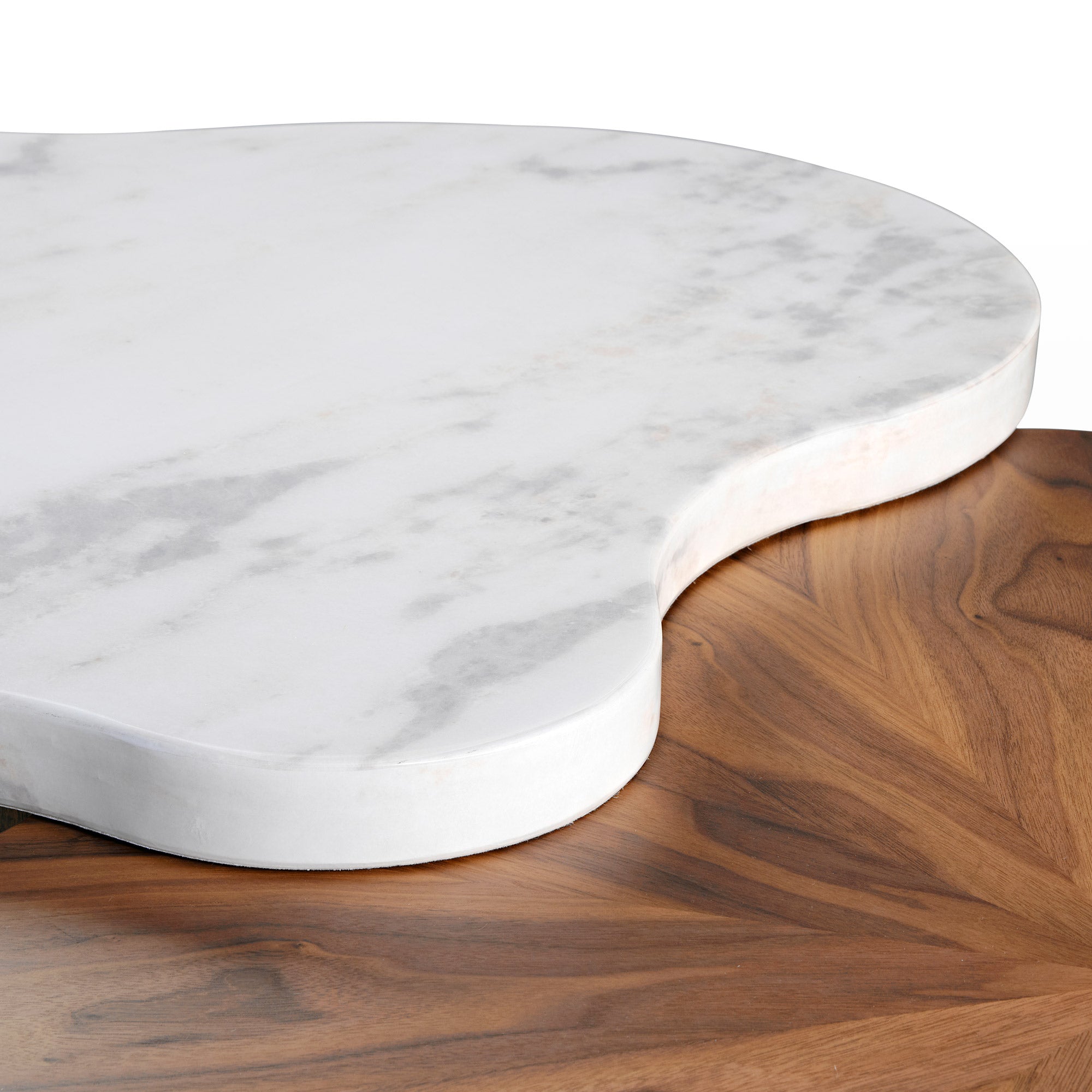 Cloud Shape Coffee Table Set Detail. White Marble Top and Walnut Wood Base, Modern Design for Living Room.