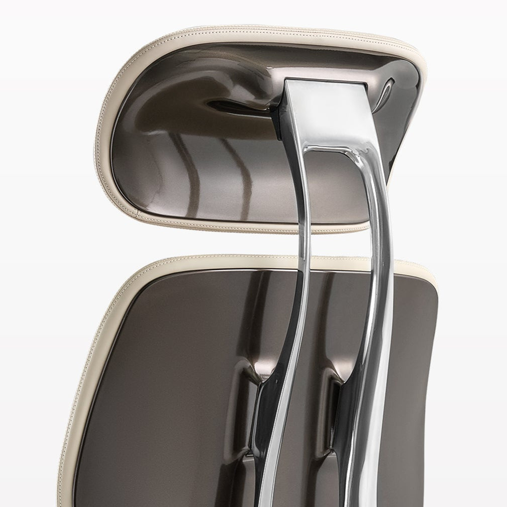 Eureka Ergonomic Light beige Forma ergonomic chair headrest & upper back: cream PU leather, stitching, dark gray shell, chrome frame.