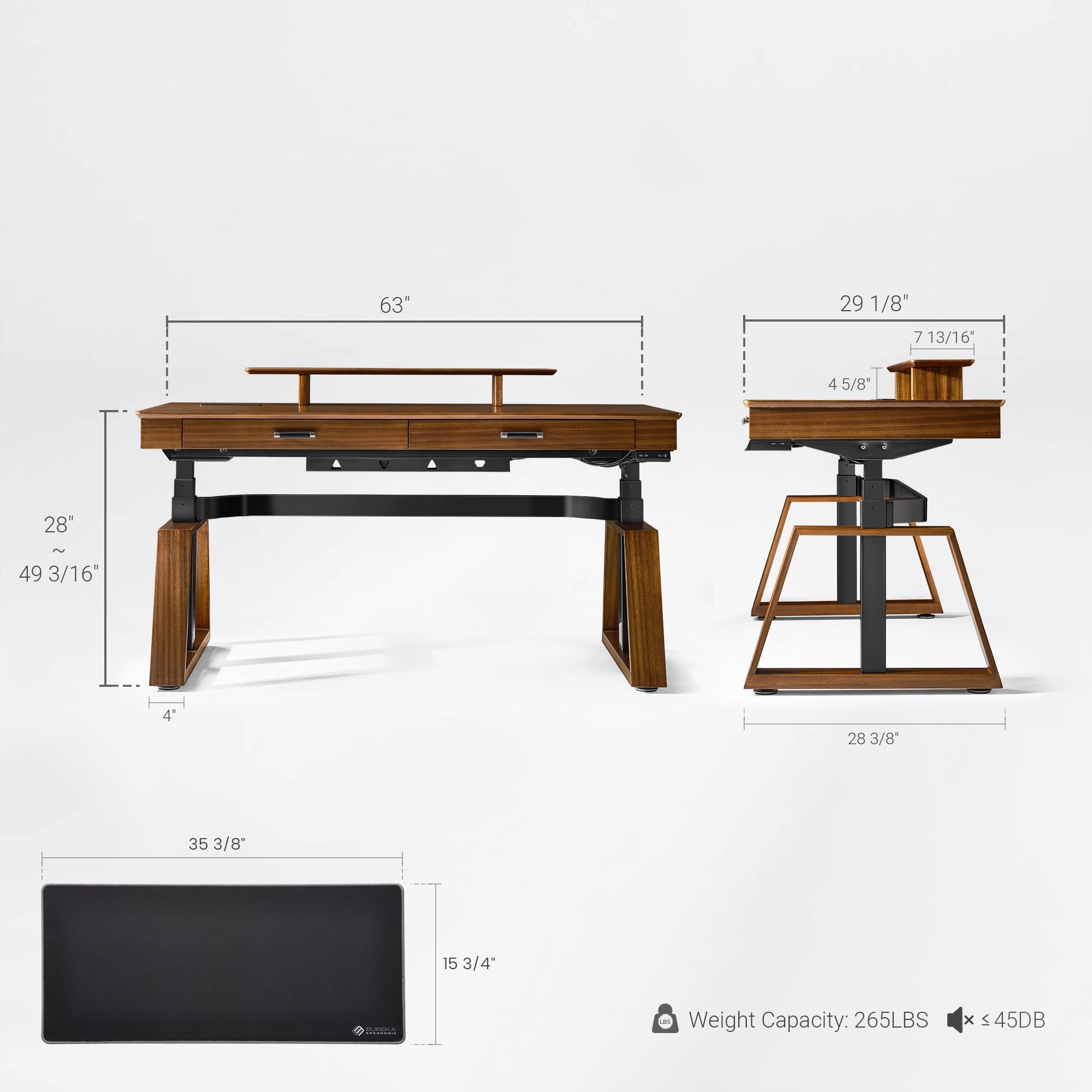Ark Executive Standing Desk, Walnut Finish, Strong Bearing Capacity, Dimensions, and Weight Specifications.