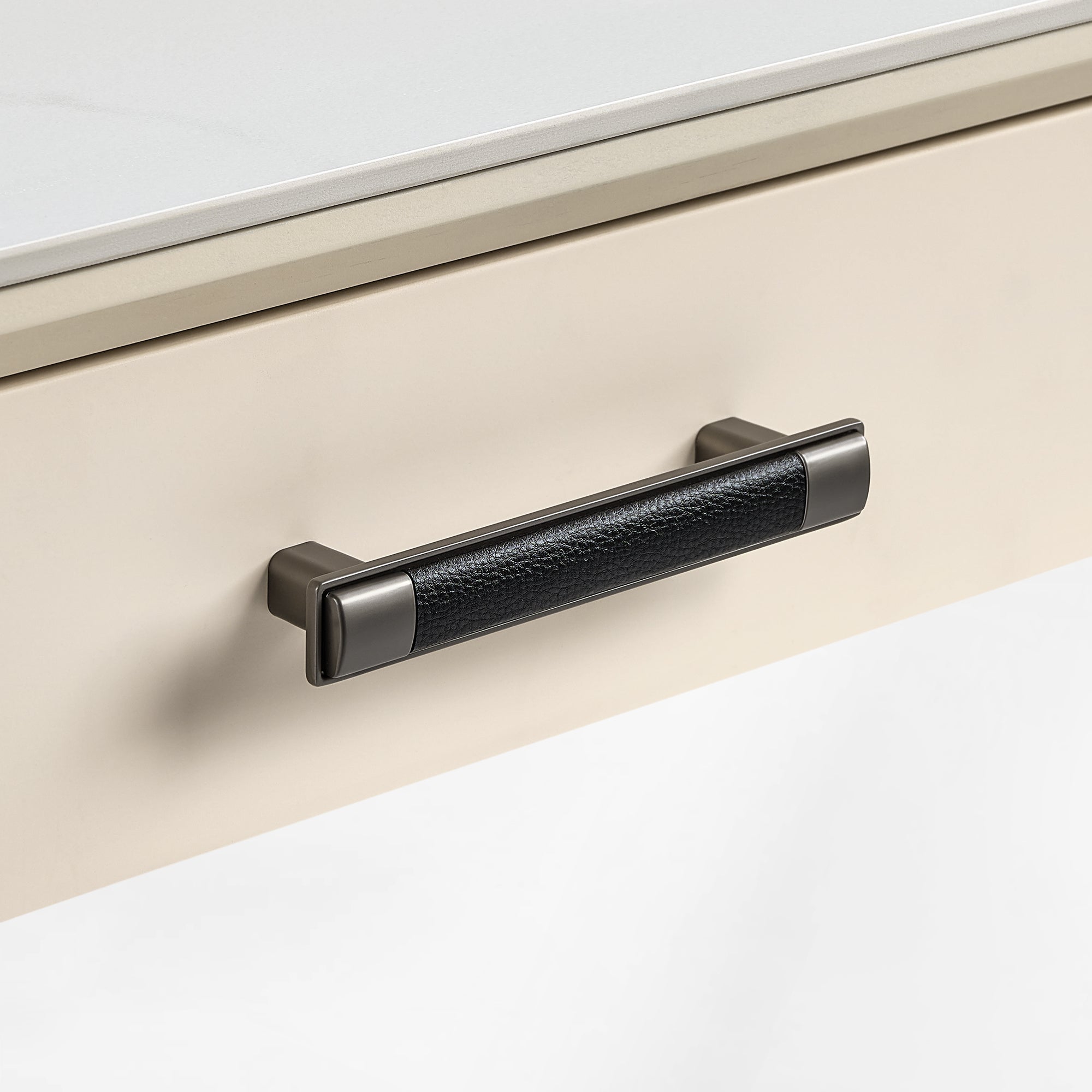 Eureka Ergonomic Ark Executive Standing Desk Drawer Handle With Black Leather Grip and Wooden Drawer Detail.