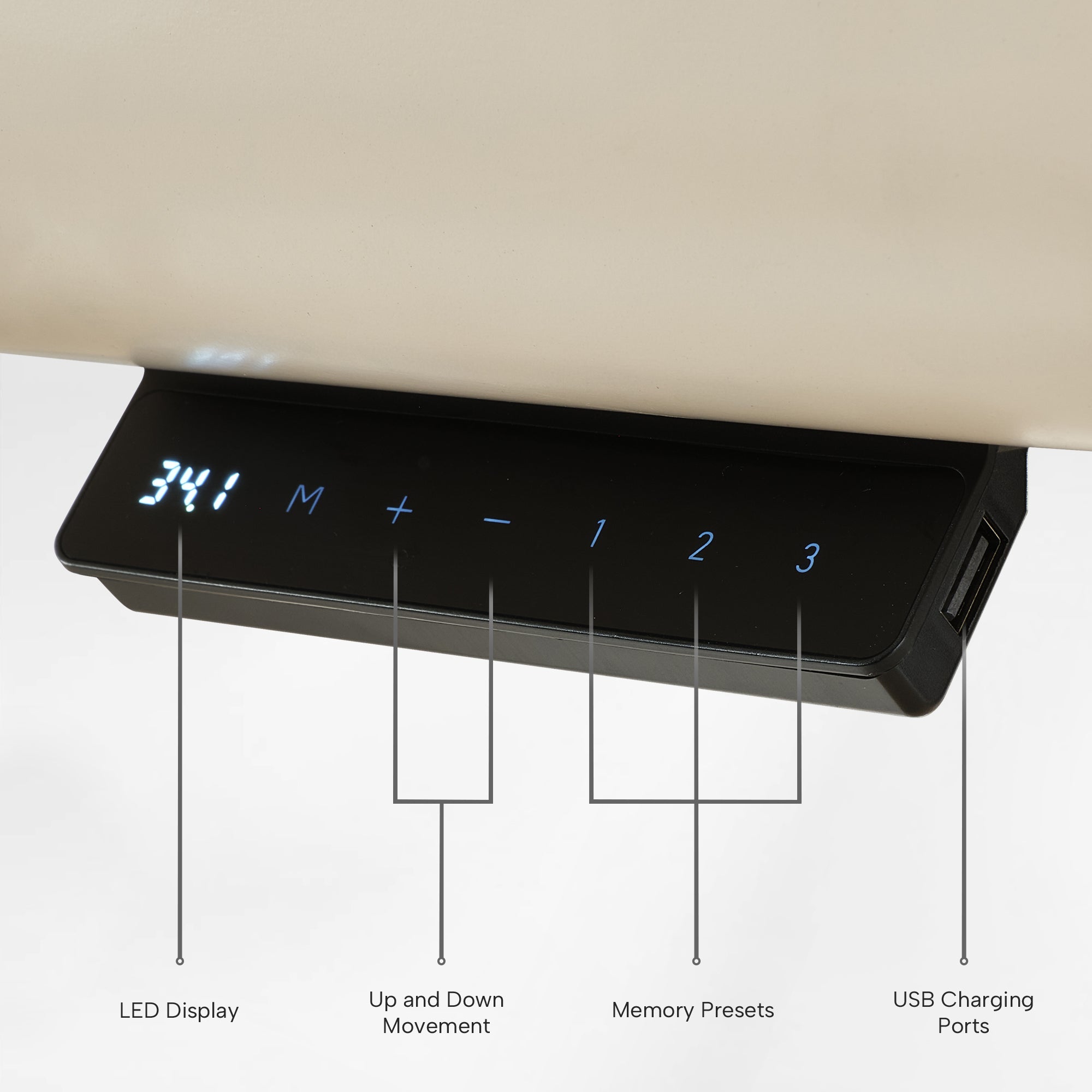 Opal Oval Executive Standing Desk Control Panel With Led Display, Memory Presets, and Usb Charging Ports.