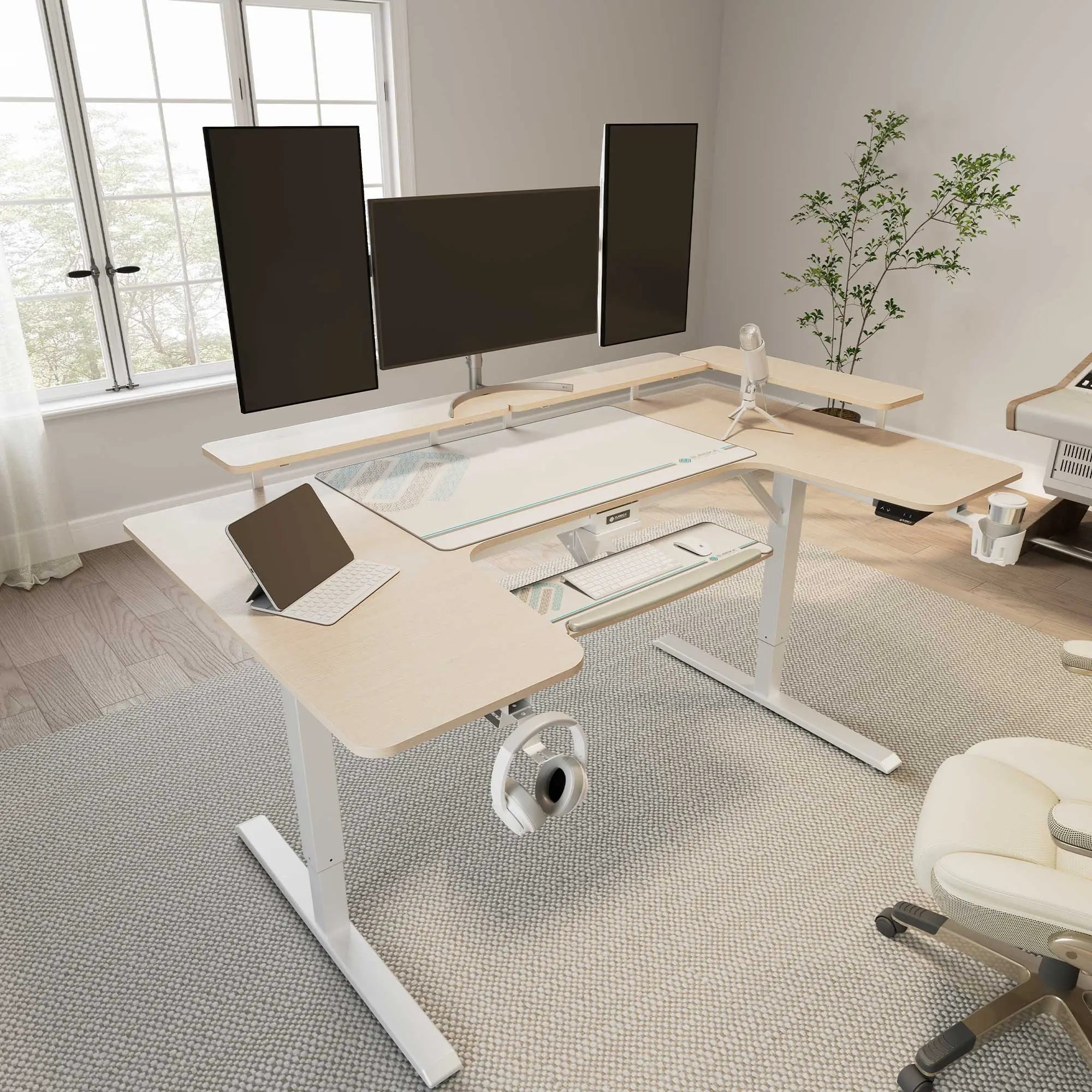 Eureka Ergonomic U-Shaped Standing Desk With Light Wood Finish and Ergonomic Accessories for Workspace.