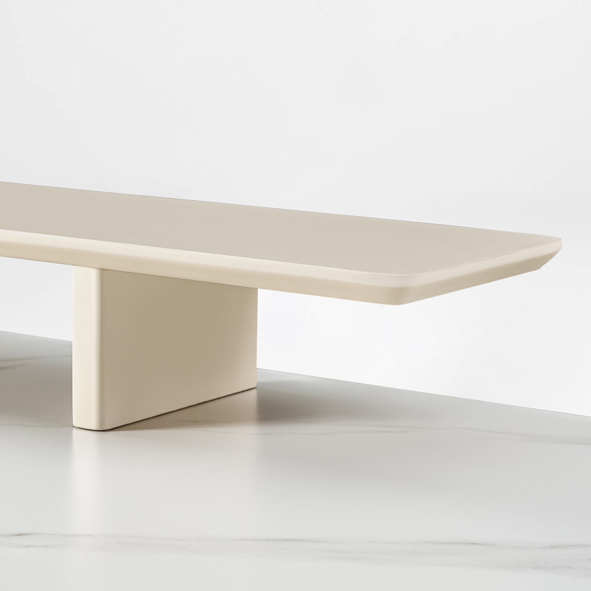 Eureka Ergonomic Ark Standing Desk Detail: White Sintered Stone, Wood Shelf, Luxury Desk Design.