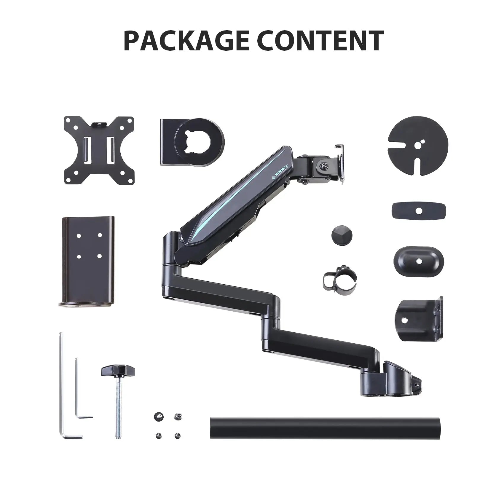 Eureka Ergonomic Single Monitor Arm Package Content, Includes Mounting Hardware and Accessories for Easy Setup.