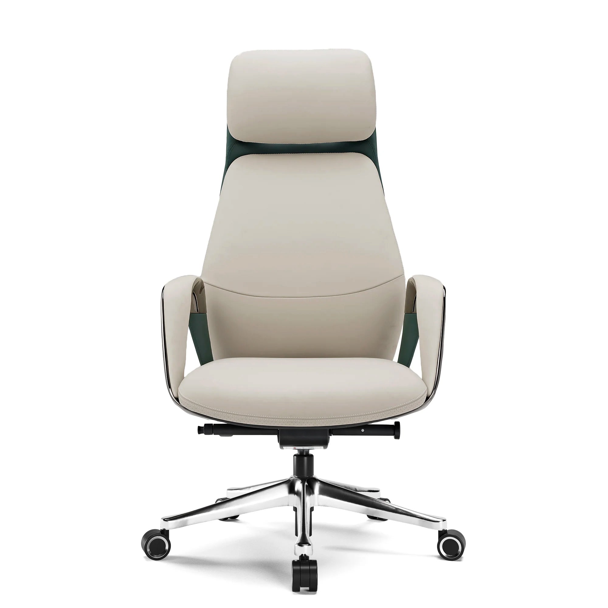 Serene Executive Office Chair in Cream Napa Leather With Dark Green Accents and Ergonomic Design.