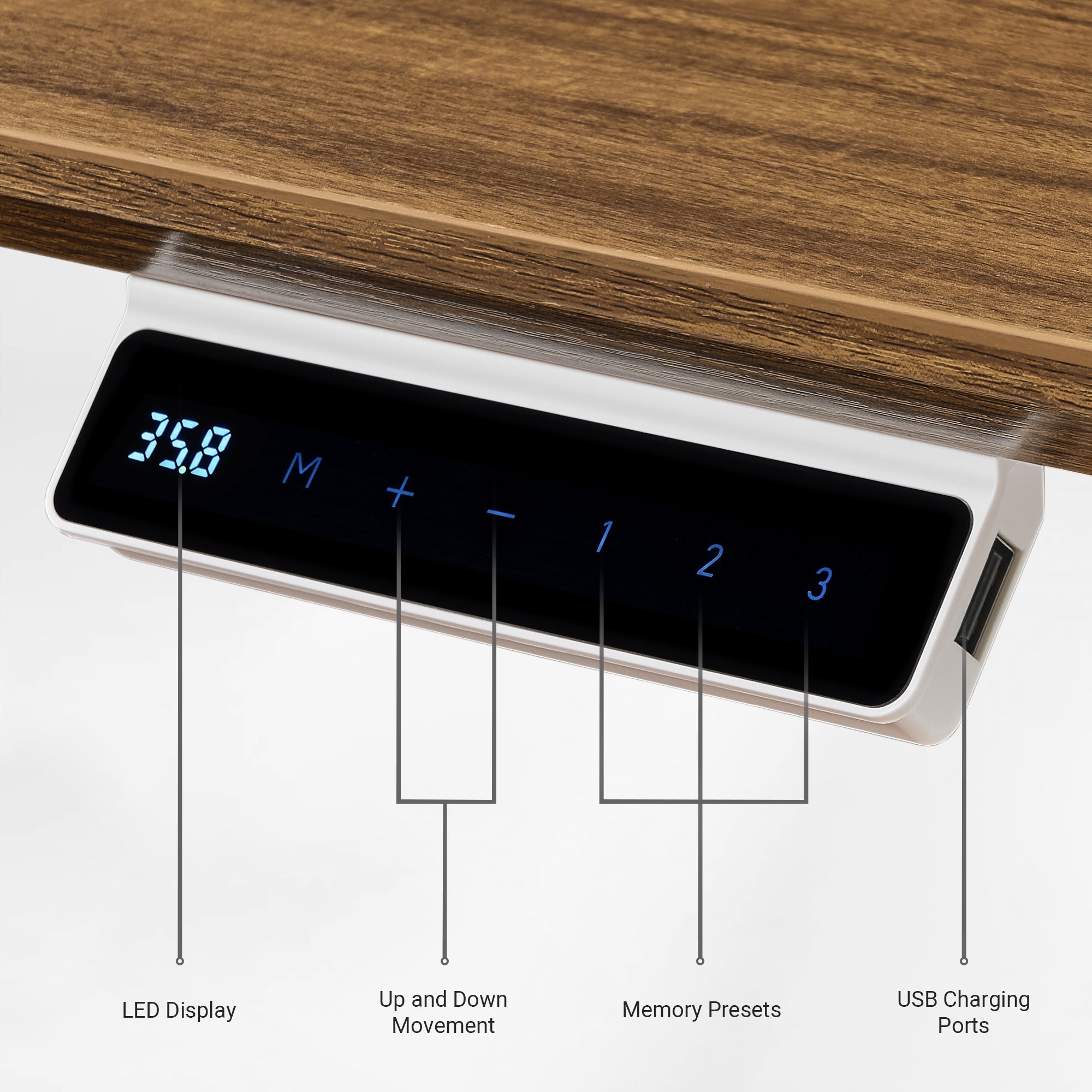Ark ES Executive Desk LED Controller with Memory Presets, Up/Down Movement and USB Charging Ports.