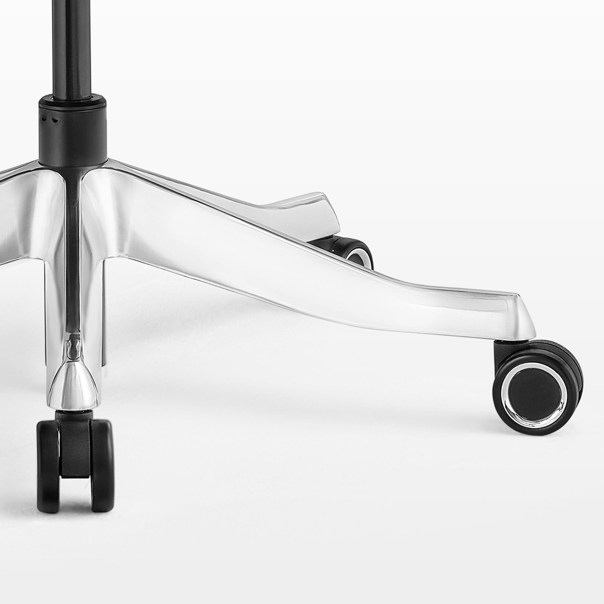 Eureka Ergonomic Forma ergonomic chair polished aluminum alloy base with visible casters and sturdy wheel design.