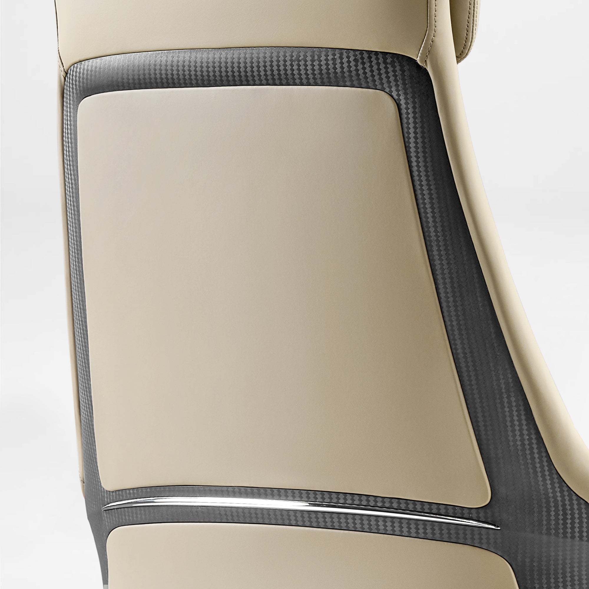Eureka Ergonomic Light beige Royal Renee executive office chair back detail: microfiber leather, carbon fiber accent panels, and chrome strip.