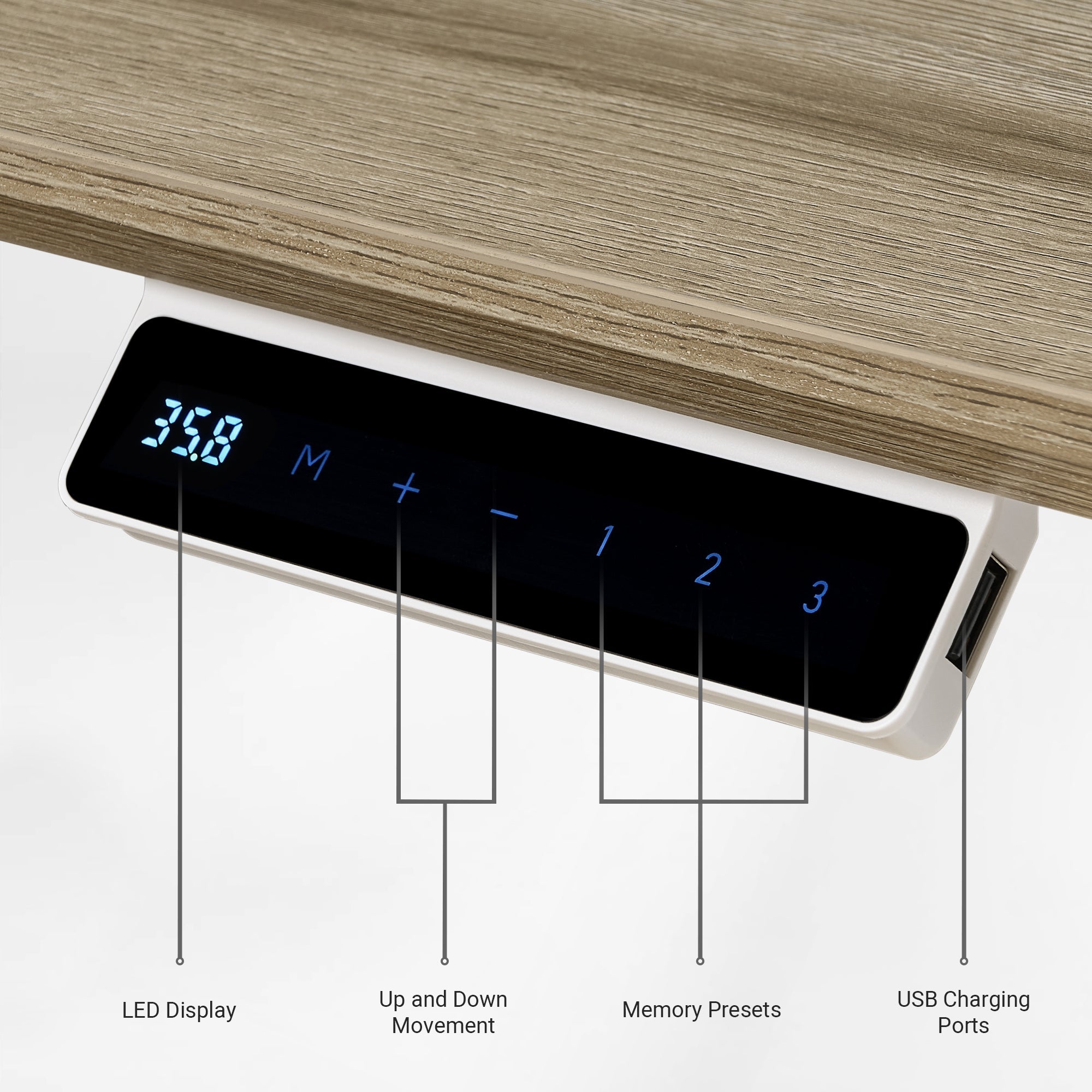 Ark ES Executive Desk LED Controller with Memory Presets, Up/Down Movement and USB Charging Ports.