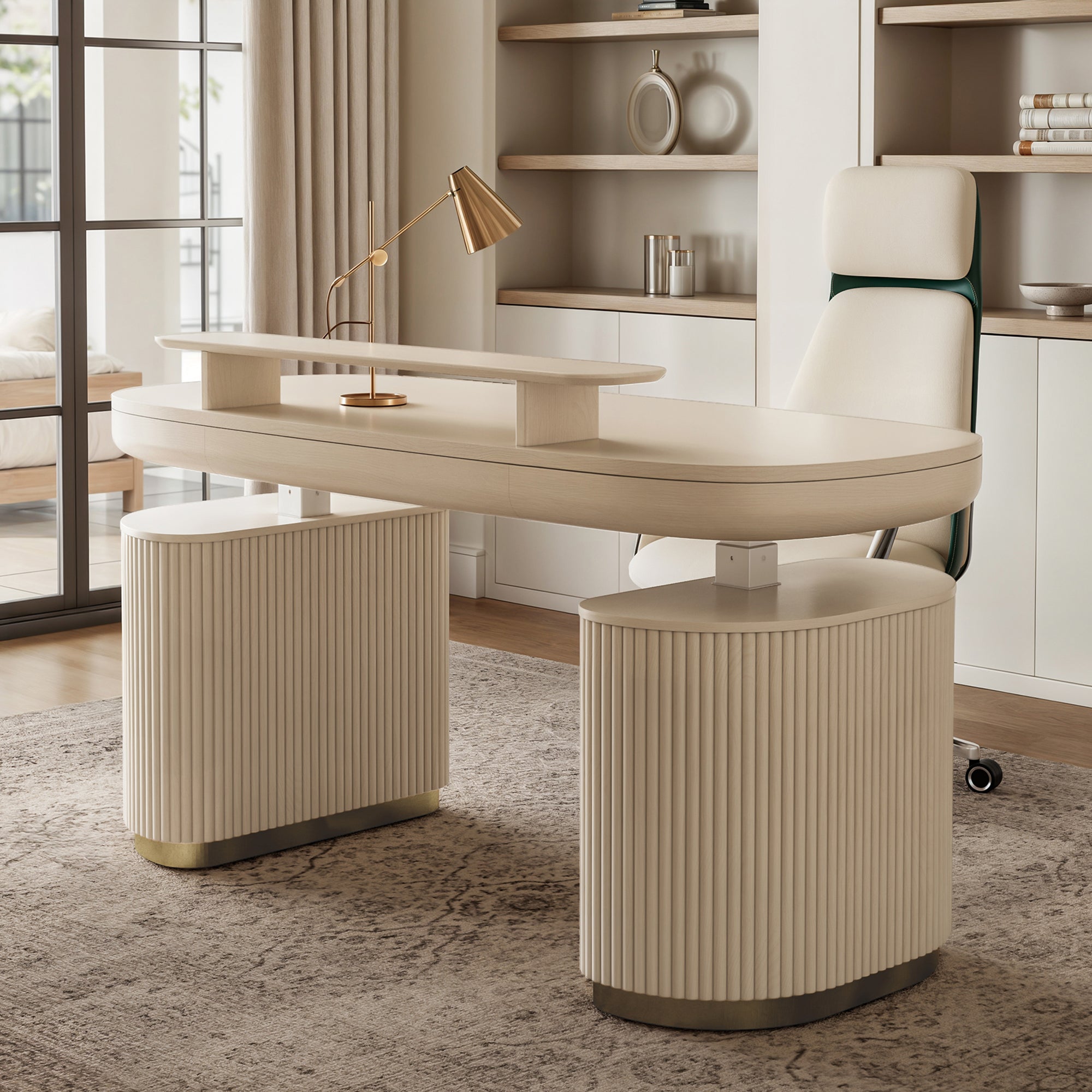 Eureka Ergonomic Opal Oval Executive Standing Desk With Storage in Light Beige.