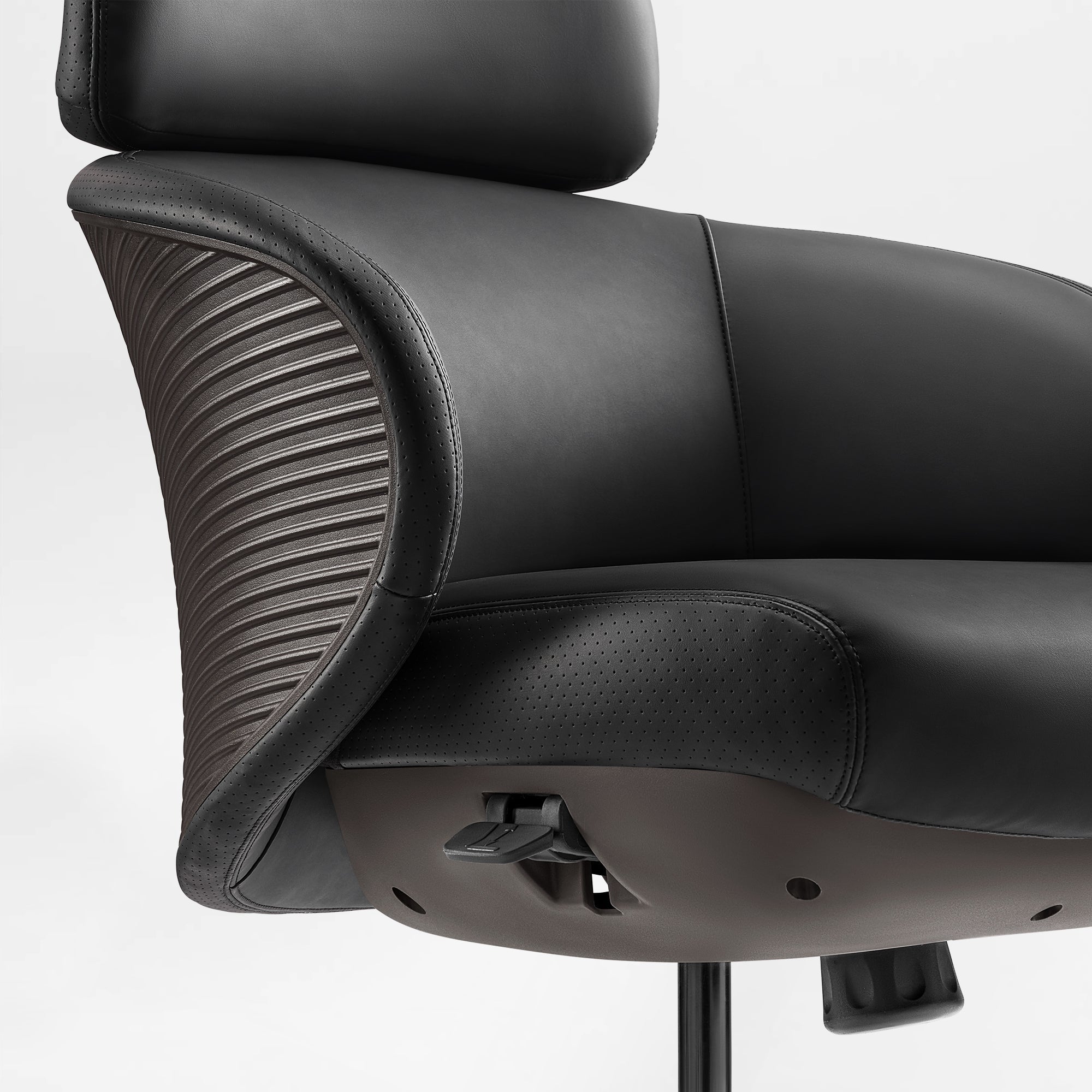 Eureka Ergonomic Royal Rowan black microfiber leather executive office chair with perforated headrest & seat, ribbed back, stitching details.