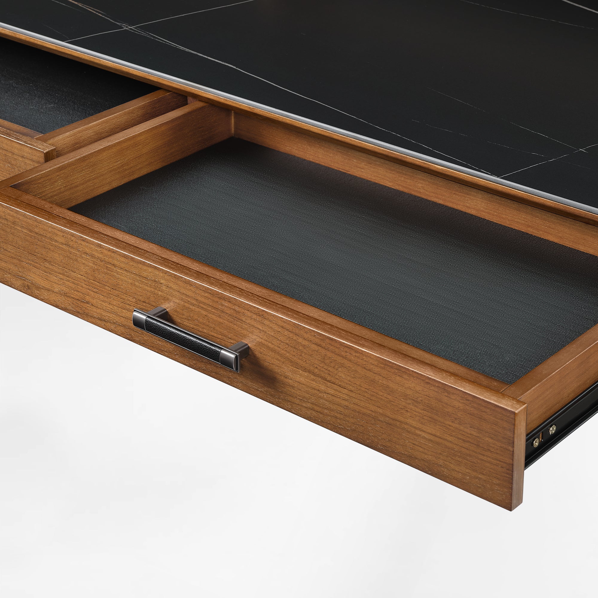 Eureka Ergonomic Ark Standing Desk Drawer Detail With Black Fabric and Wood.