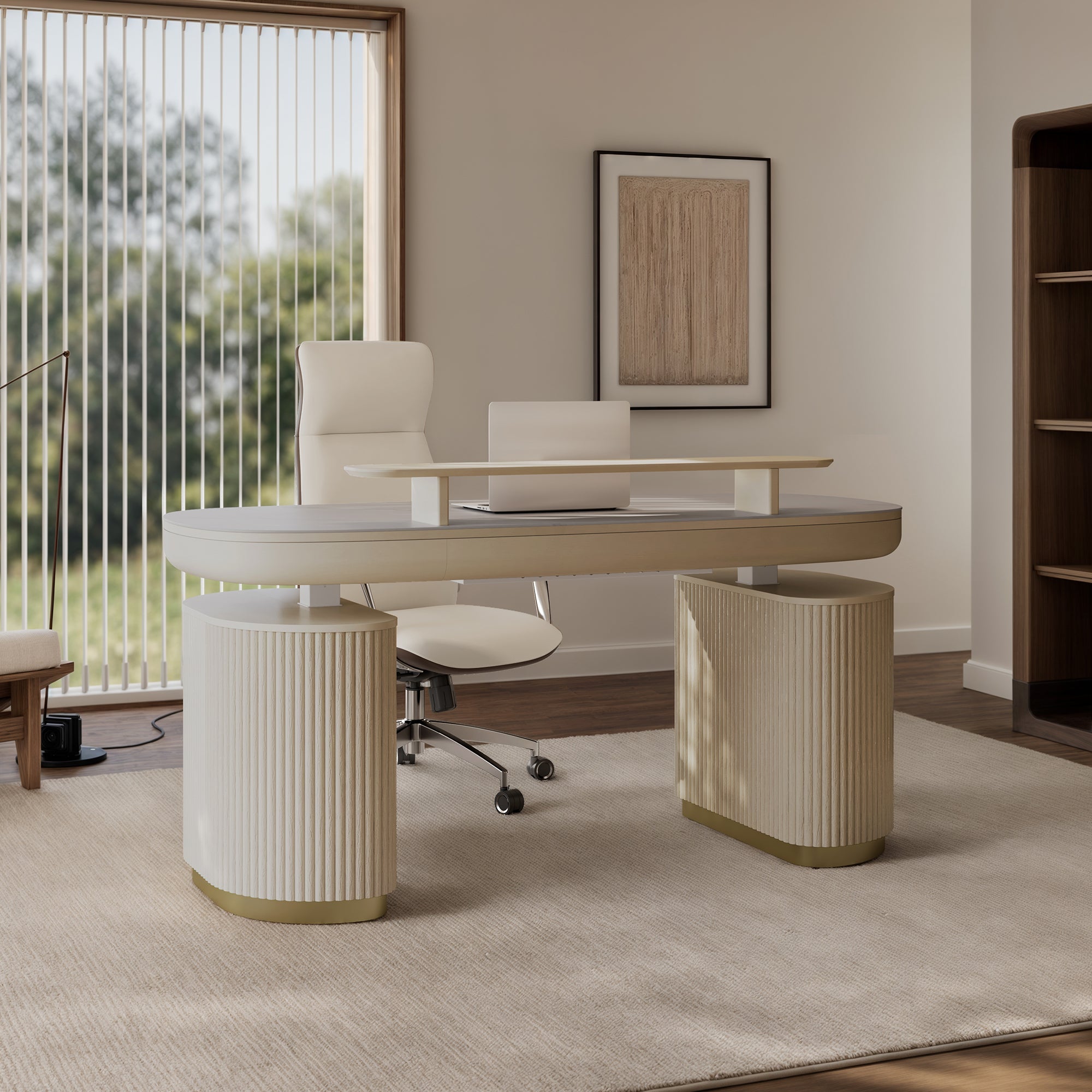 Opal Oval Executive Standing Desk in Light Beige. Ergonomic Office Furniture With Brass Base.