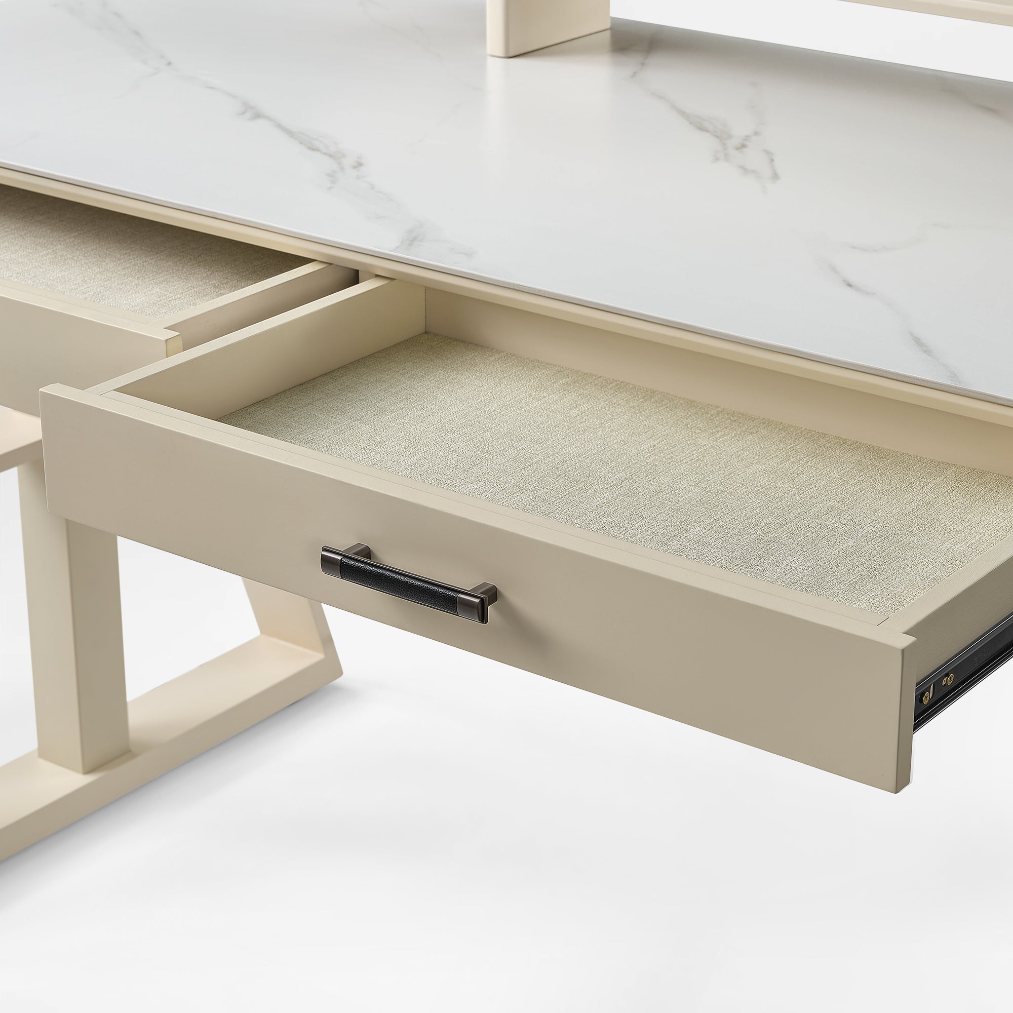 Eureka Ergonomic Ark Standing Desk Drawer Detail With White Fabric and Wood.