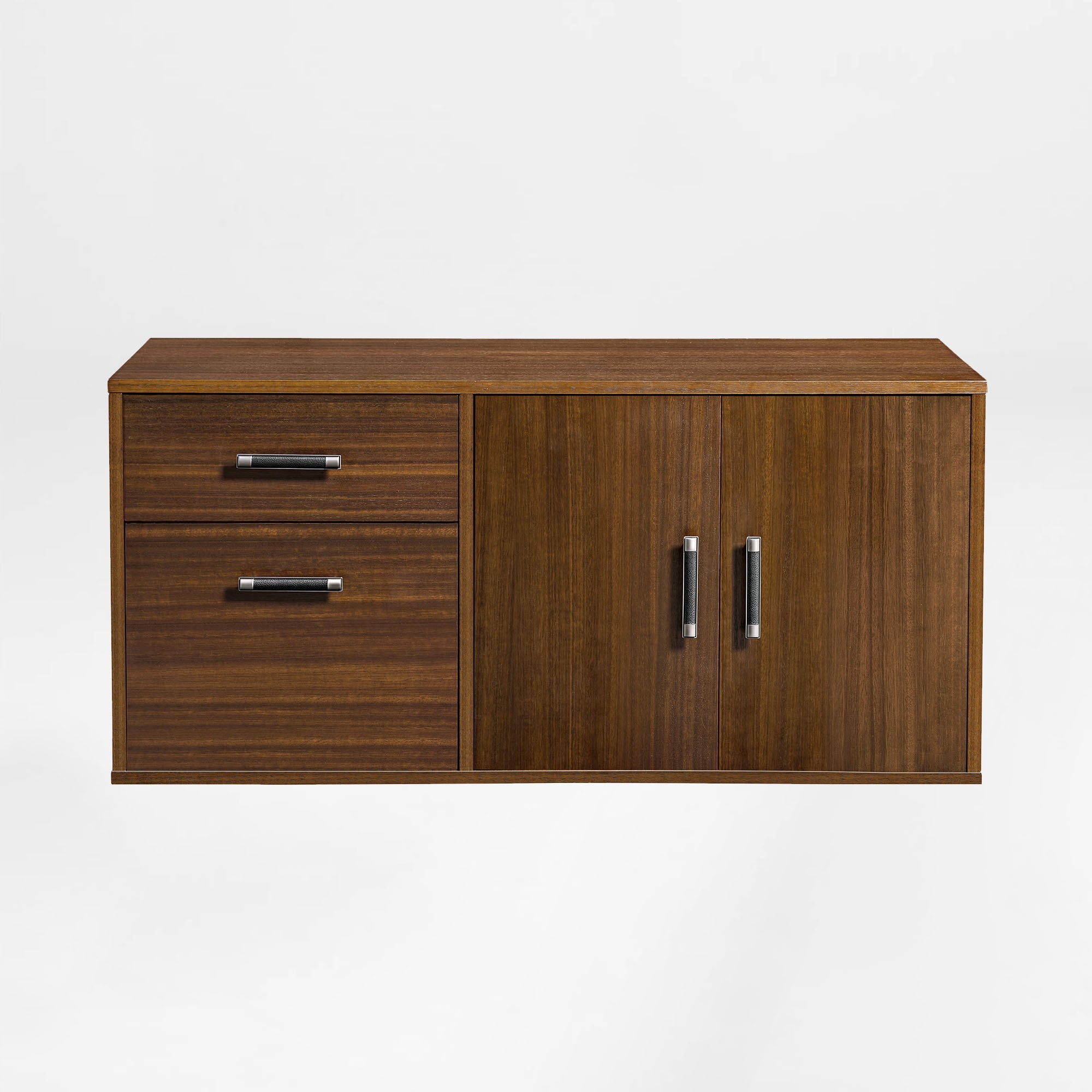 Zen Pro Executive Desk Wooden Cabinet With Drawers and Cabinet Doors, Brown Wood Grain, for Office Storage.