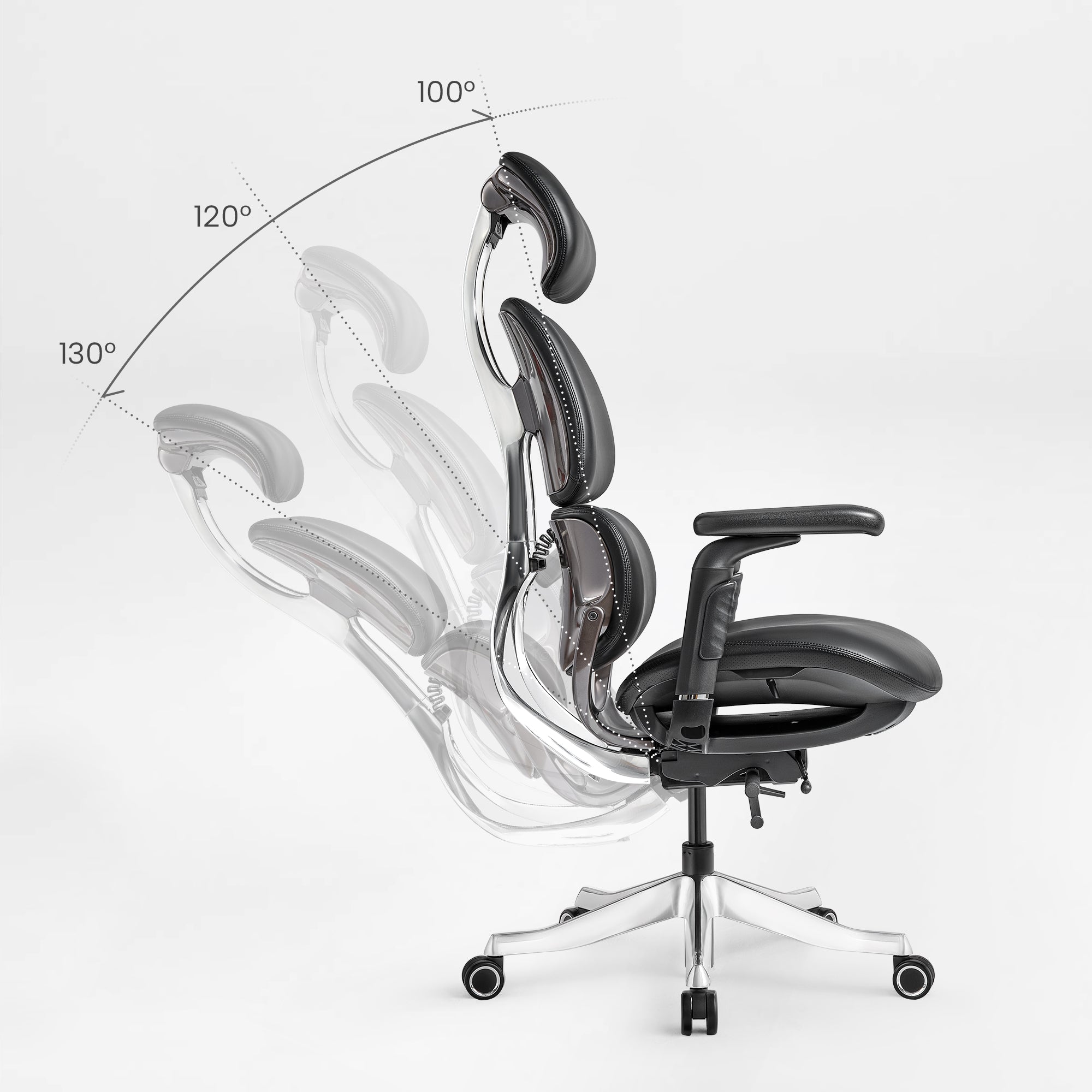 Eureka Ergonomic Forma ergonomic chair demonstrates recline angles 100°, 120°, 130° with PU leather and aluminum frame.
