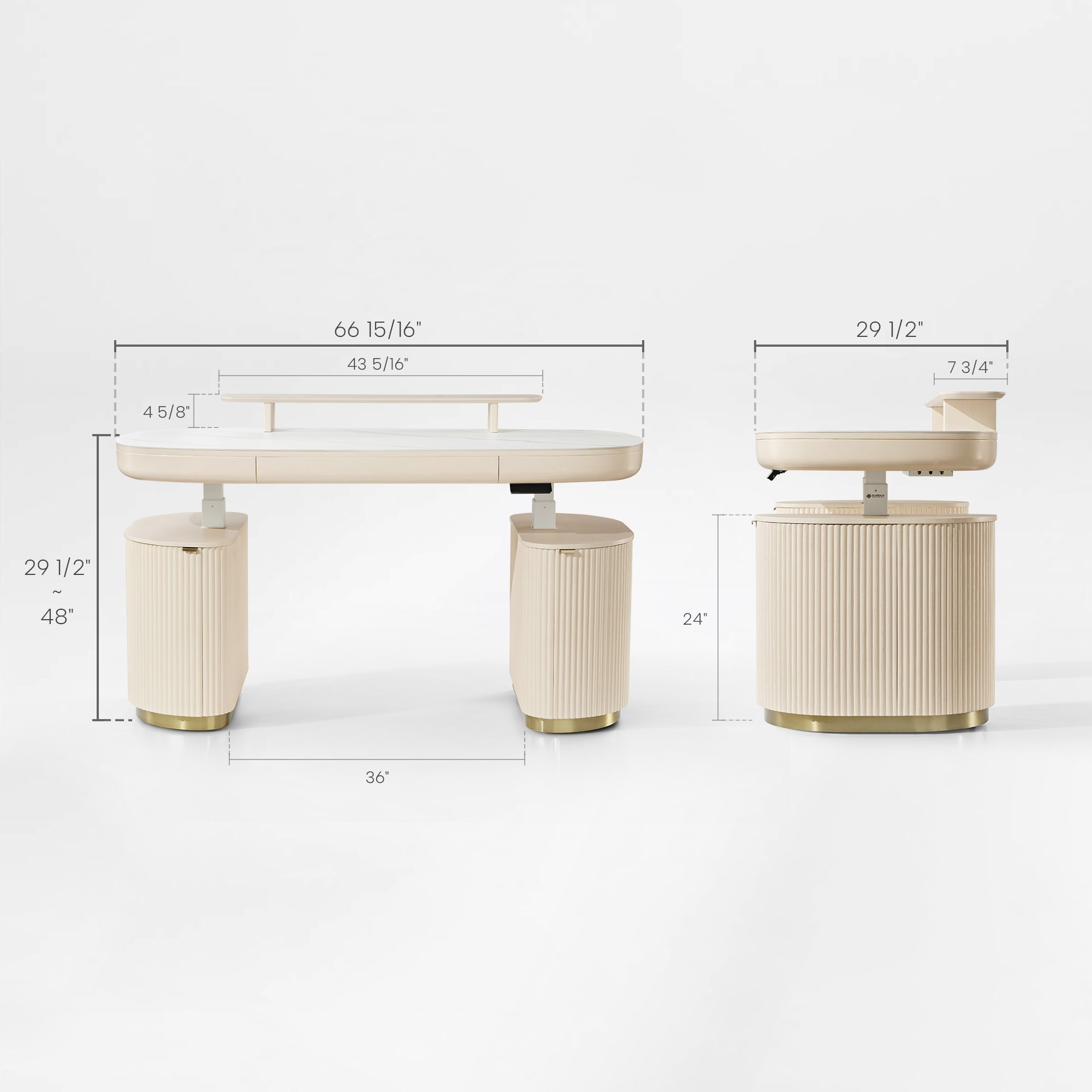 Opal Oval Executive Standing Desk Technical Drawing With Dimensions. 66X29 Desk With Storage, Ergonomic Design.