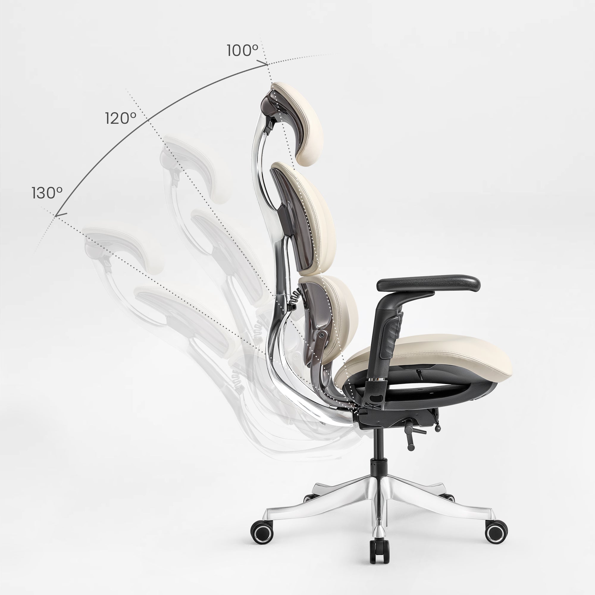 Eureka Ergonomic Light beige Forma ergonomic chair in recline positions 100°, 120°, 130° with aluminum frame and black armrests.