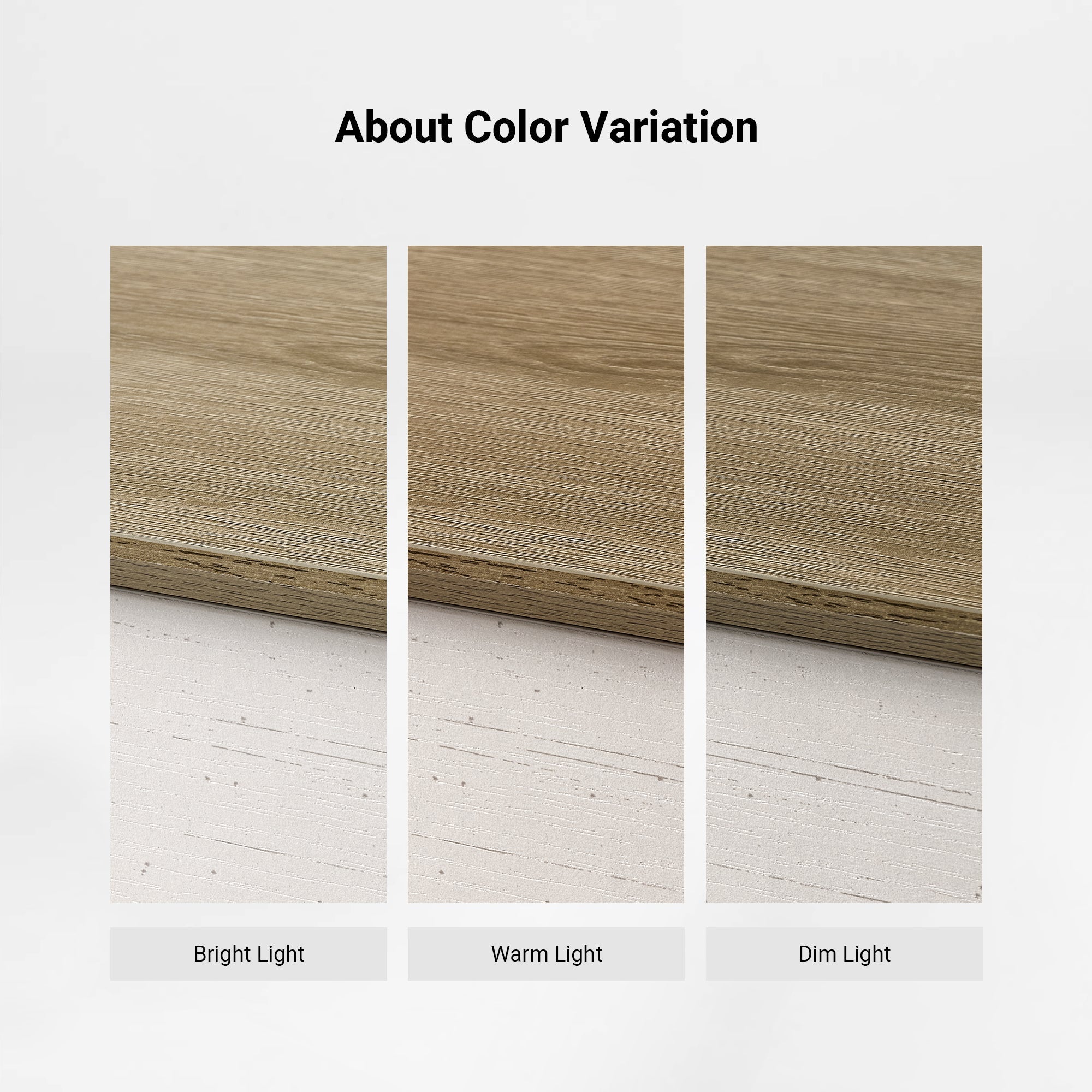 Eureka Ergonomic Ark SD Standing Desk Sonoma Oak finish color variation under warm, bright, and dim lighting.
