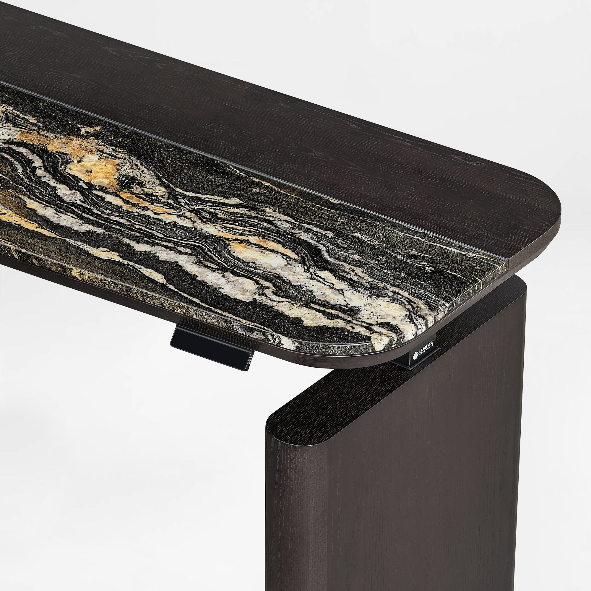 Eureka Ergonomic Magma Pro Executive Desk Marble Inlay Surface with Dark Wood Grain Texture.