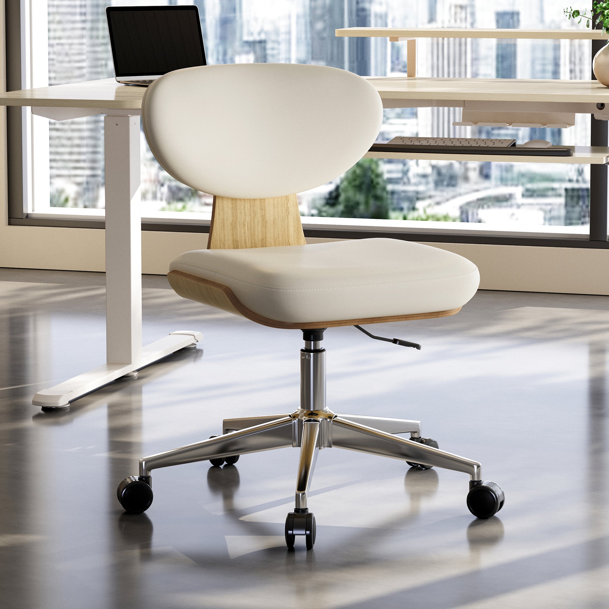 Eureka Ergonomic Off-white faux leather office chair with light wood shell, chrome base with casters, in modern office setting.