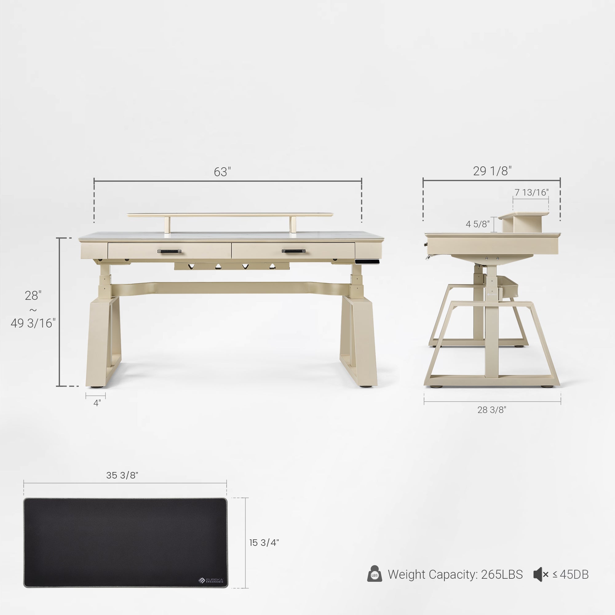 Eureka Ergonomic Ark Standing Desk Dimensions With White Sintered Stone Top.