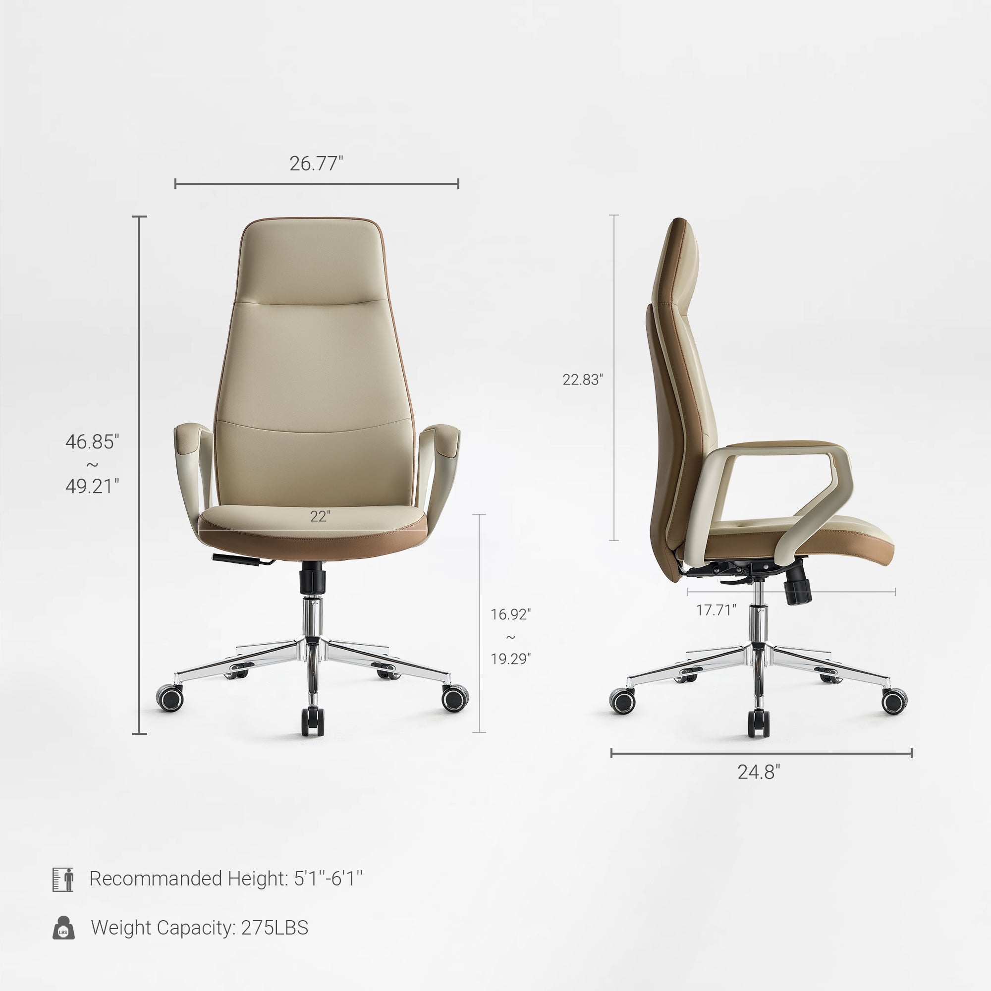 Eureka Ergonomic Clara Faux leather executive office chair product dimension