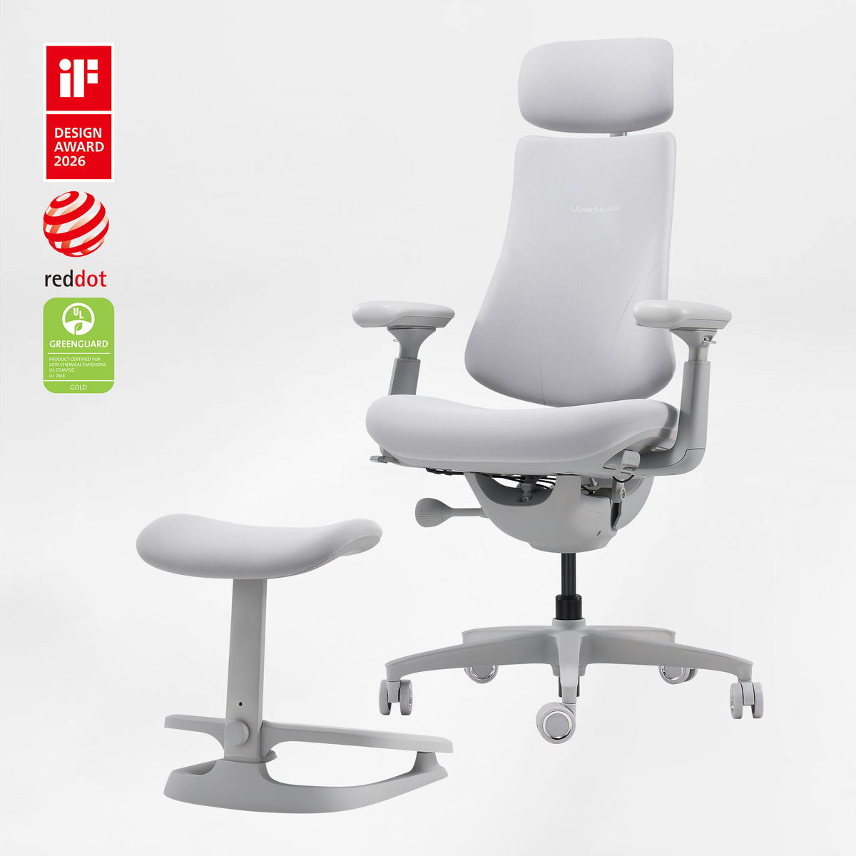 Eureka Ergonomic white LiberNovo Omni chair with matching ottoman
