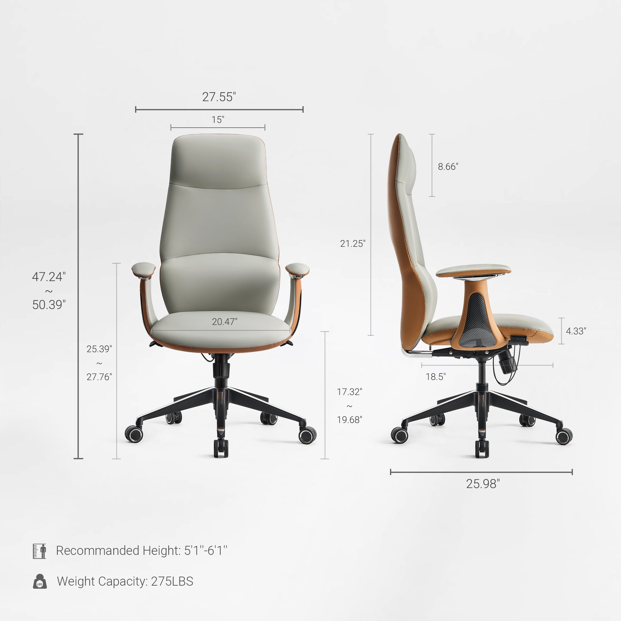 Eureka Ergonomic Cruz Faux Leather Executive Office Chair Product Dimension