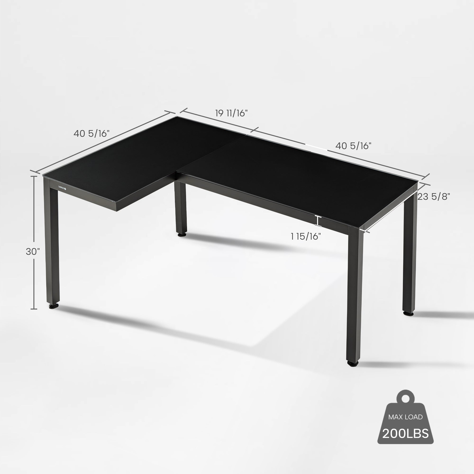 Eureka Ergonomic GTG L-shaped gaming desk dimensions: 30" height, 40 5/16" width, 23 5/8" depth. Max load 200lbs.