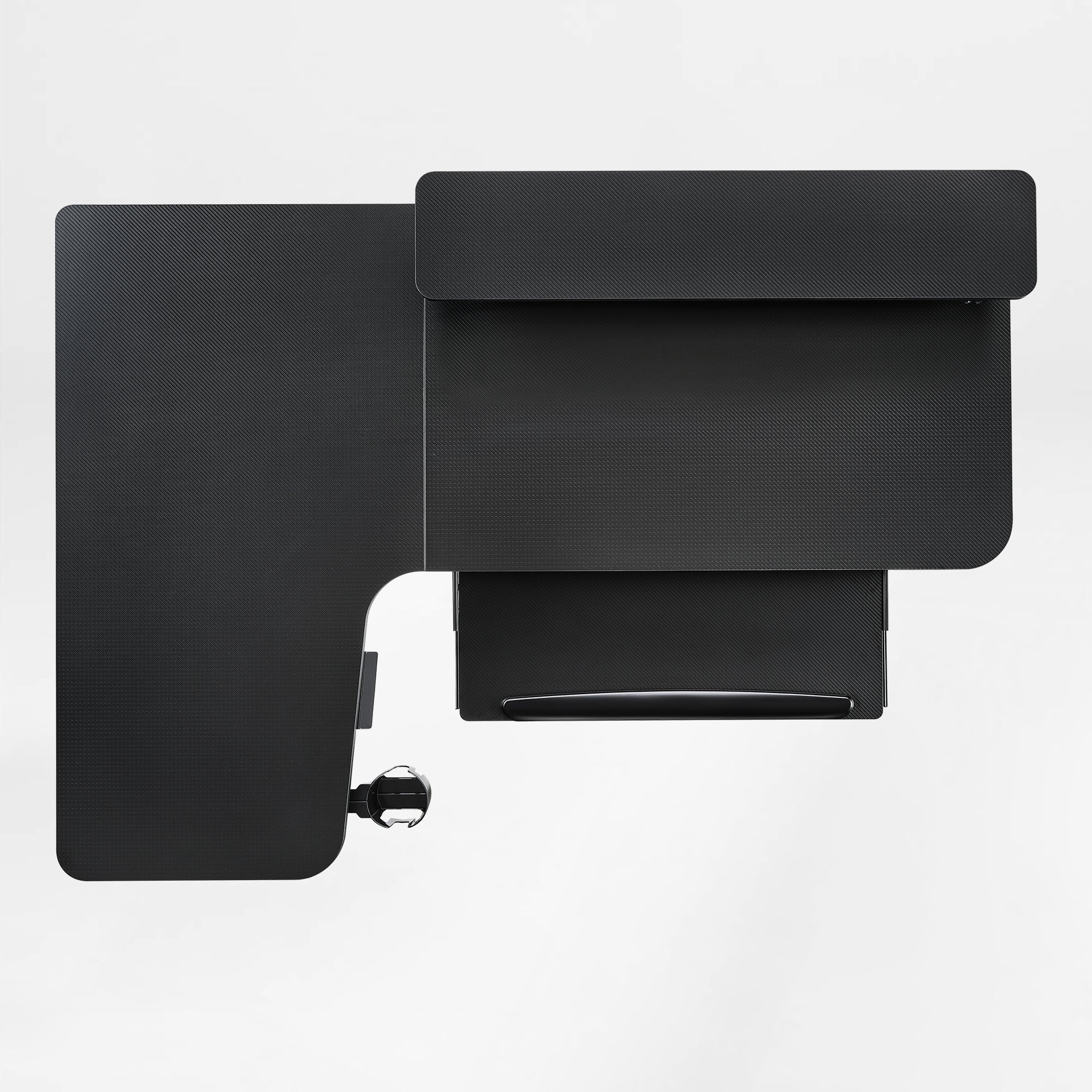 Eureka Ergonomic Black L-shaped standing desk with pull-out keyboard tray, monitor riser, cup holder, and double headphone hook.