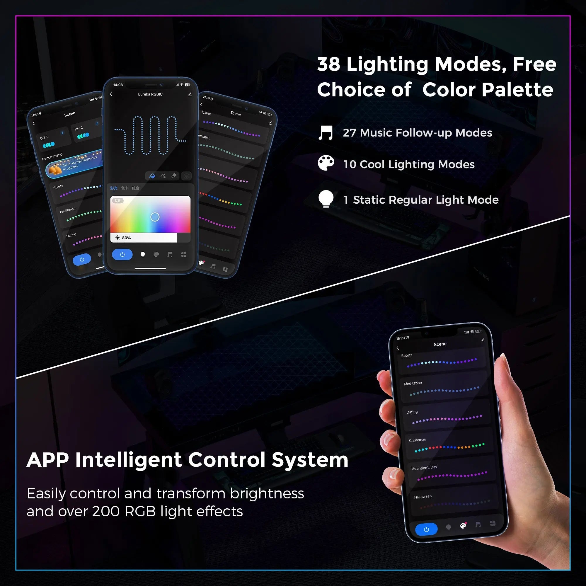 GTG-L60 Gaming Desk With Rgb Lighting Control Via App, Featuring Music Sync and Color Options.