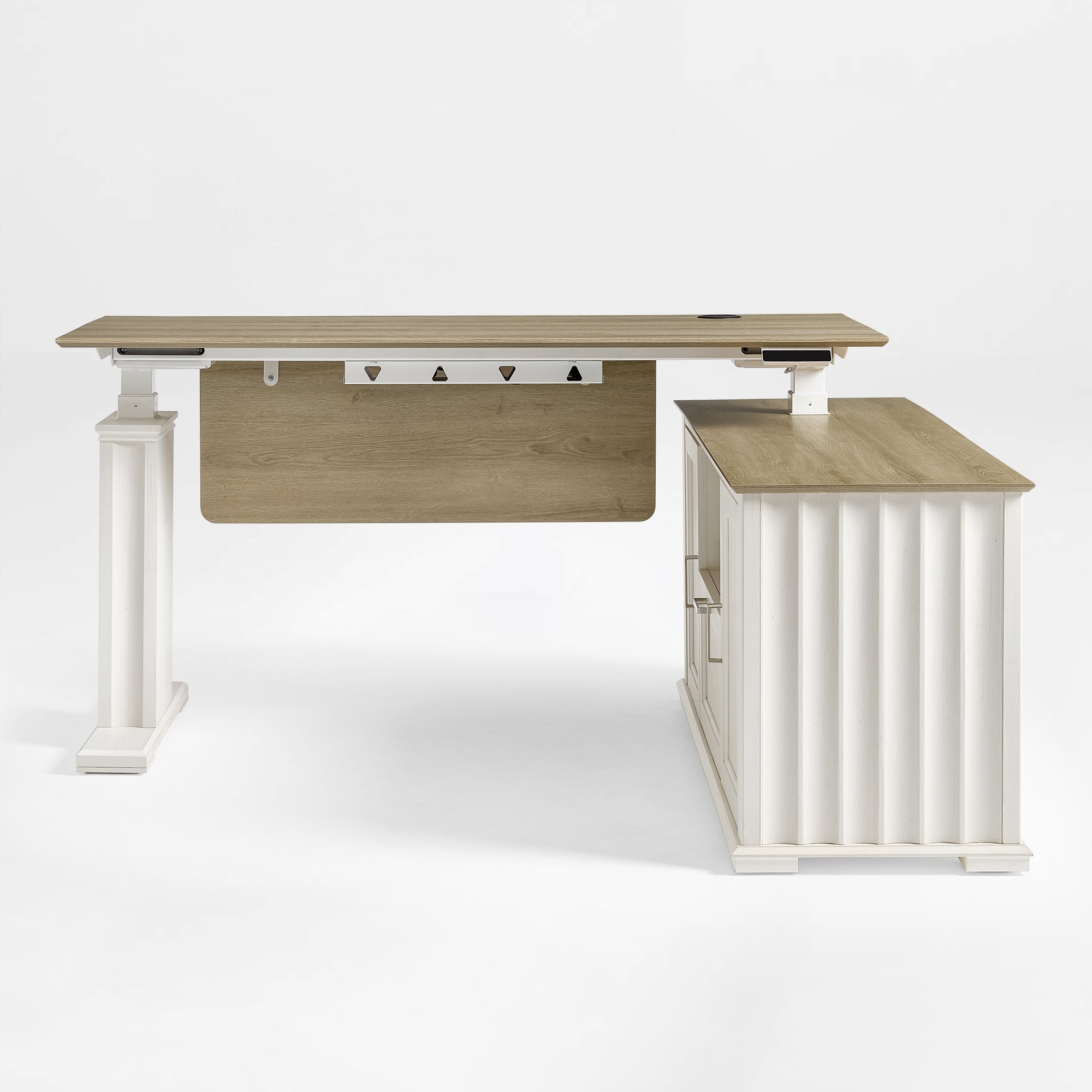Eureka Ergonomic Ark ES Executive Standing Desk Front View with Sonoma Oak and White Fluted Leg.