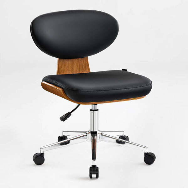 Eureka Ergonomic Black faux leather office chair with walnut veneer shell and chrome base on casters.